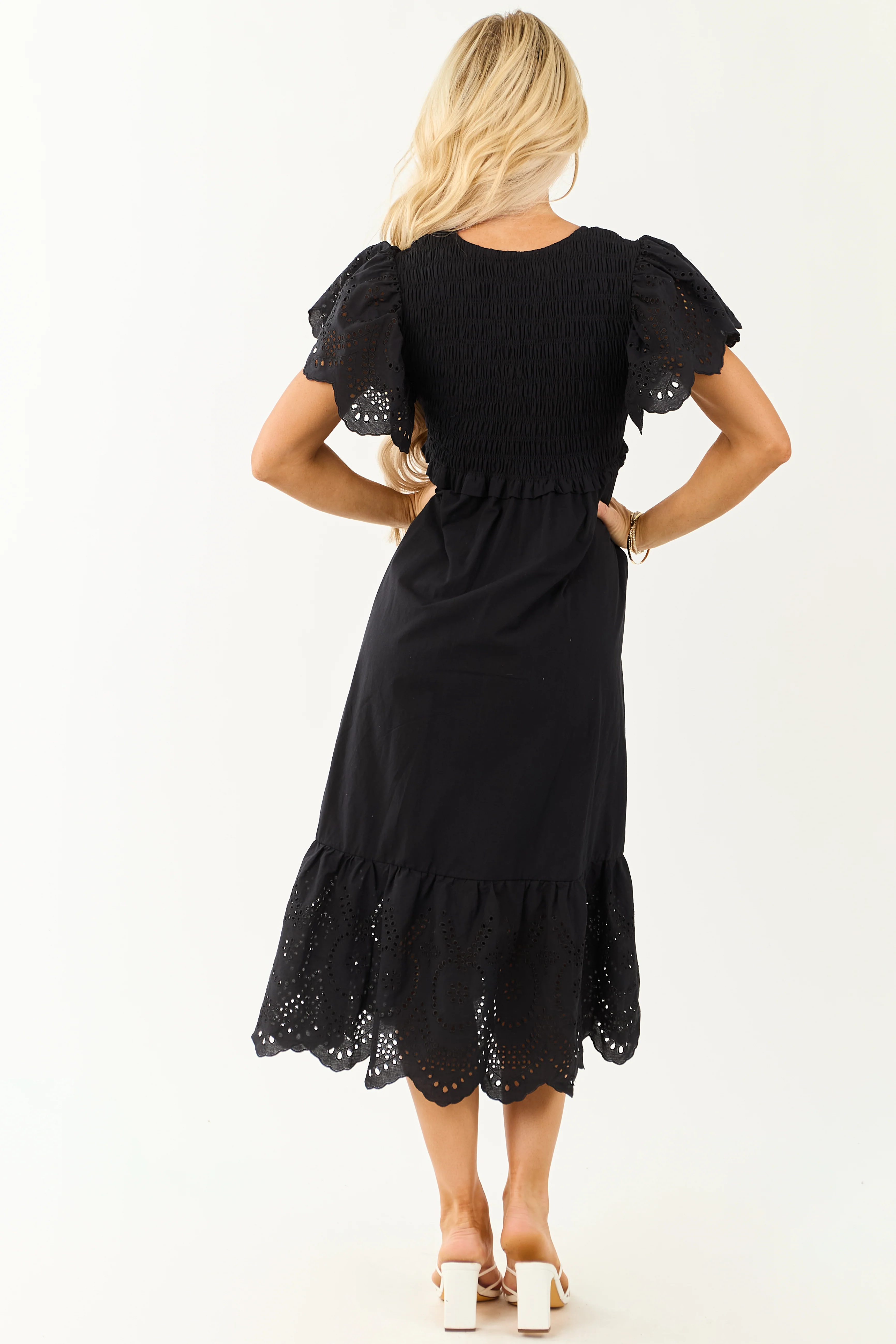 Lovelo Black Smocked Ruffle Sleeve Cotton Midi Dress - Image 5