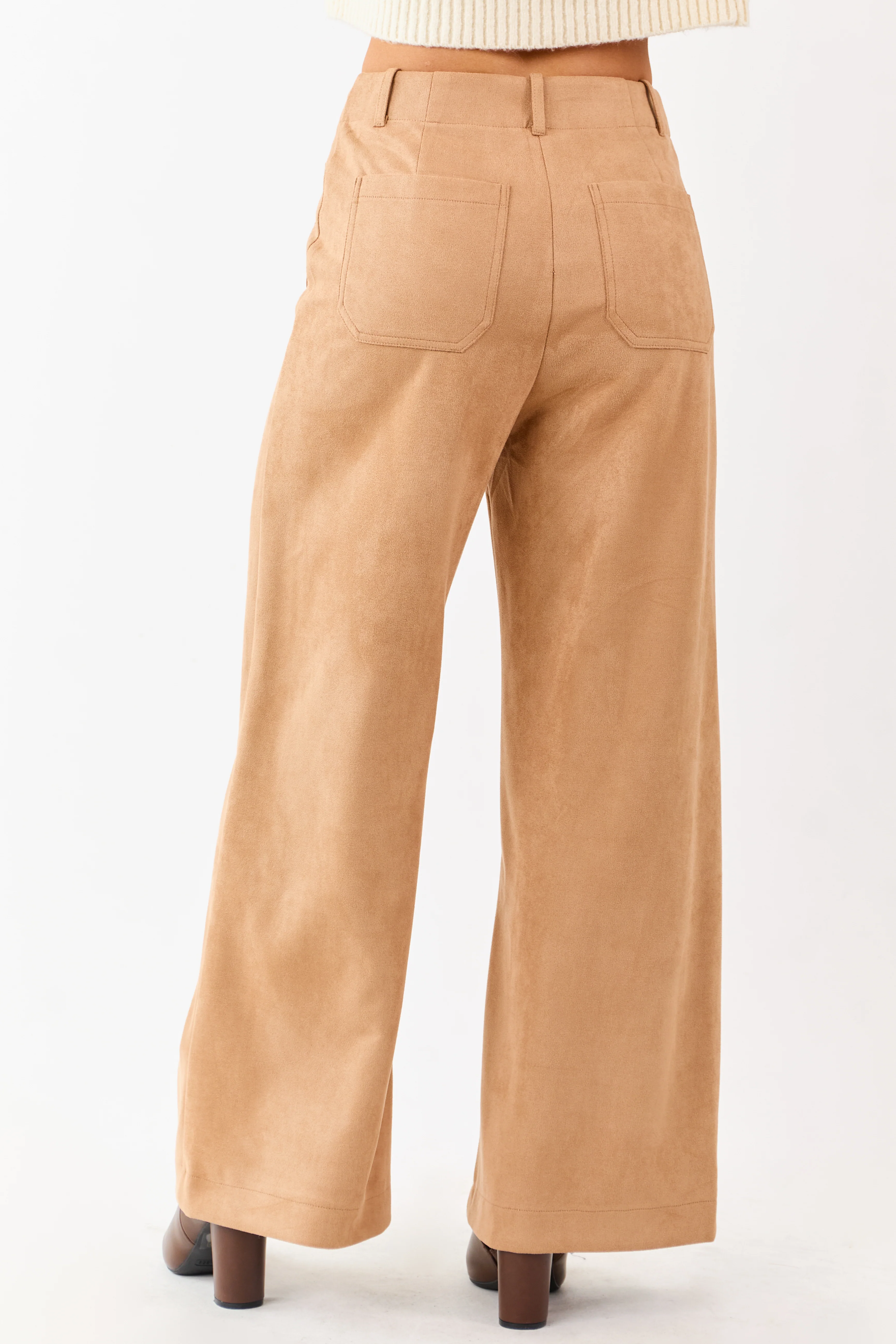 Lovelo Camel Faux Suede Patch Pocket Wide Leg Pants - Image 4