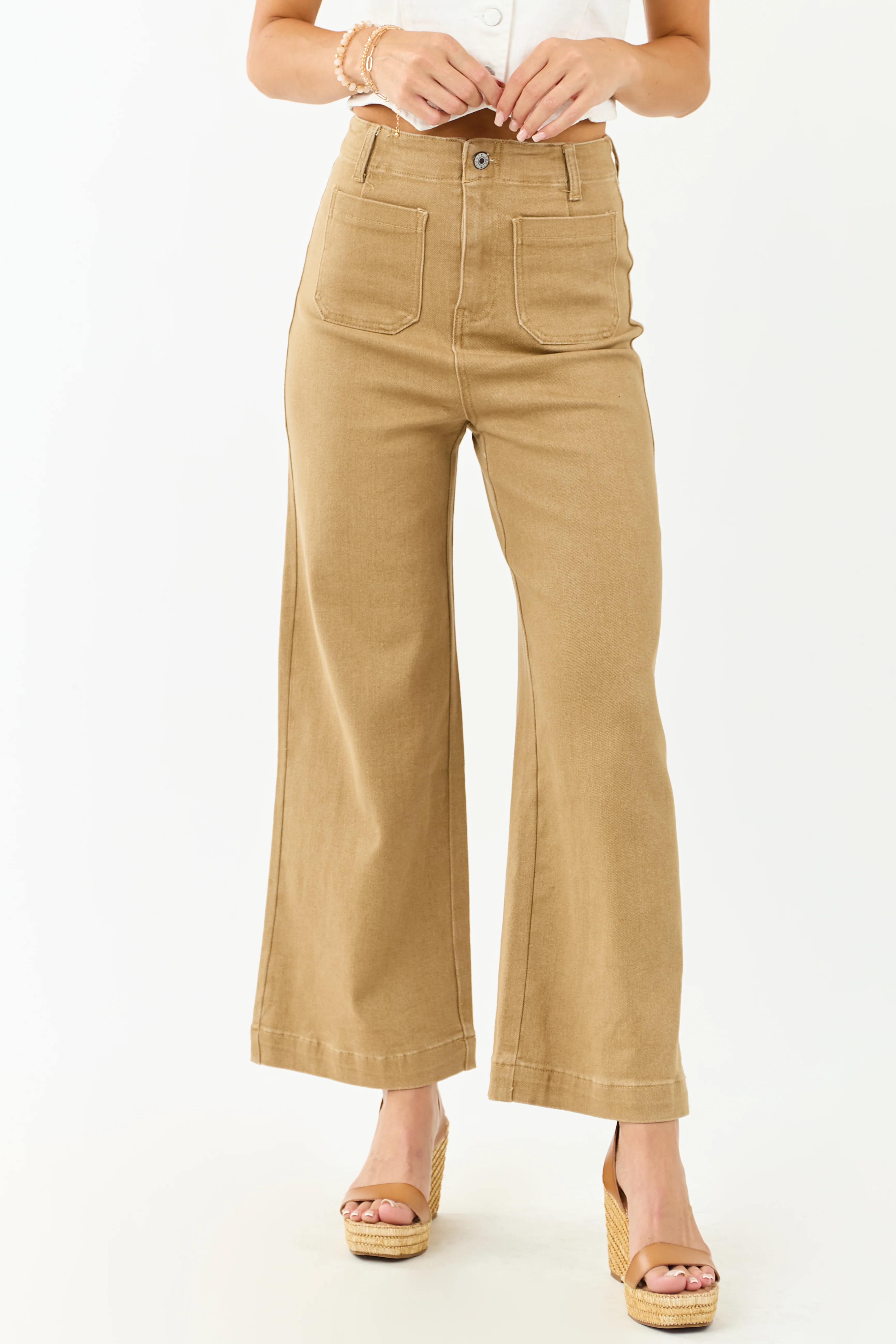 Lovelo Camel Patch Pocket High Rise Wide Leg Jeans