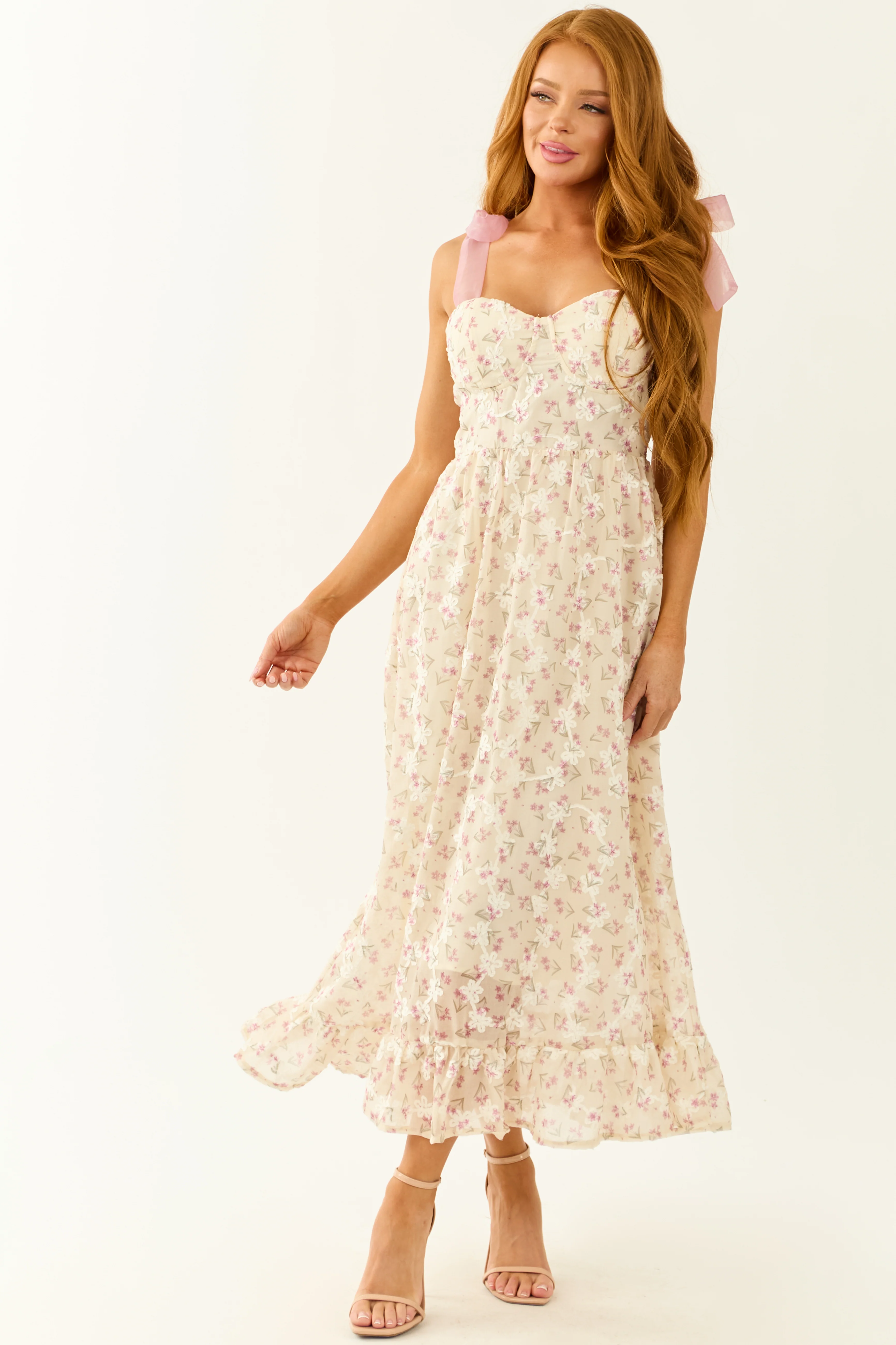 Lovelo Cream Floral Sweetheart Neck Midi Sundress - Image 3