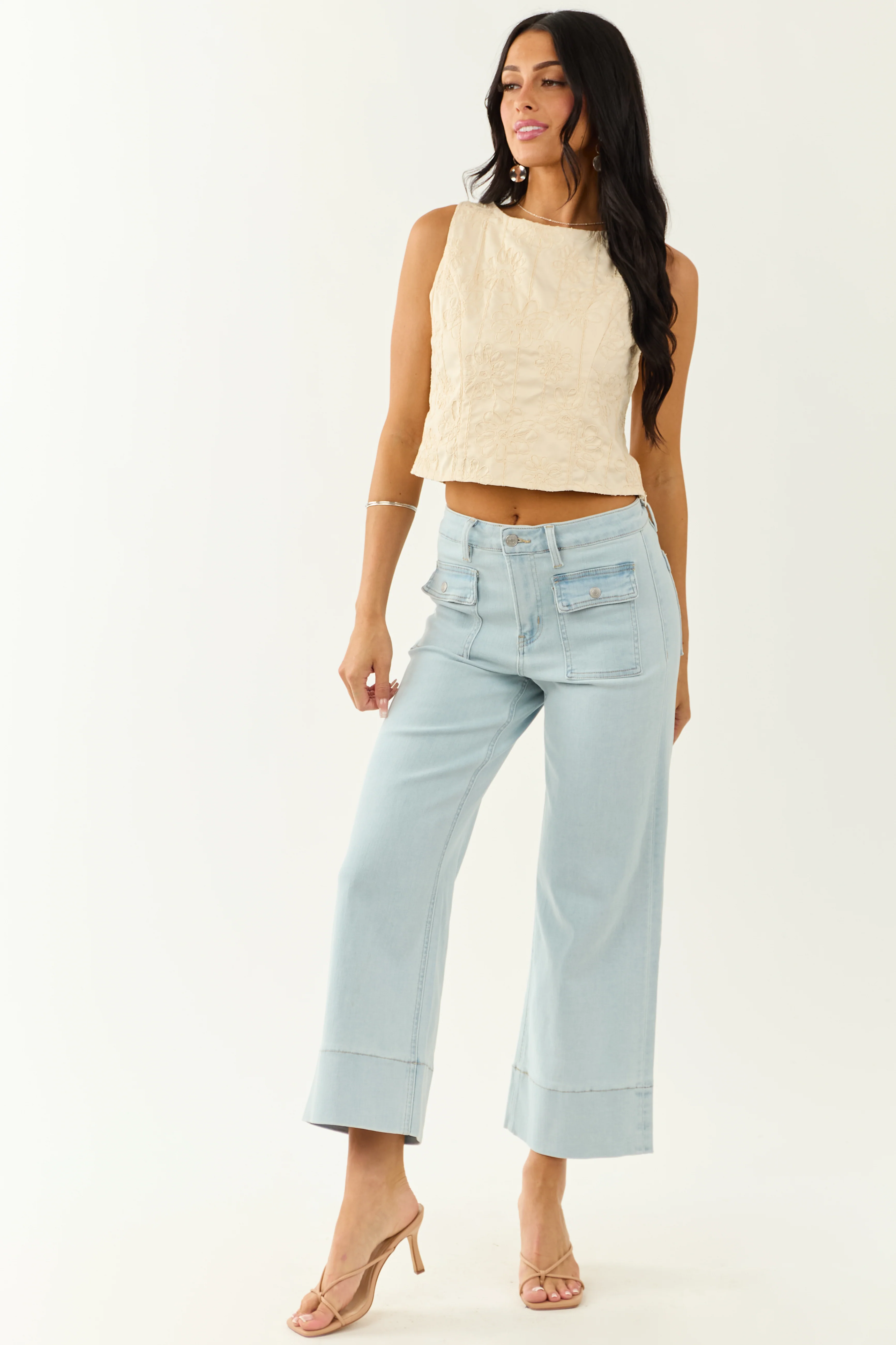 Lovelo Cream Raised Embroidery Cropped Tank Top - Image 2