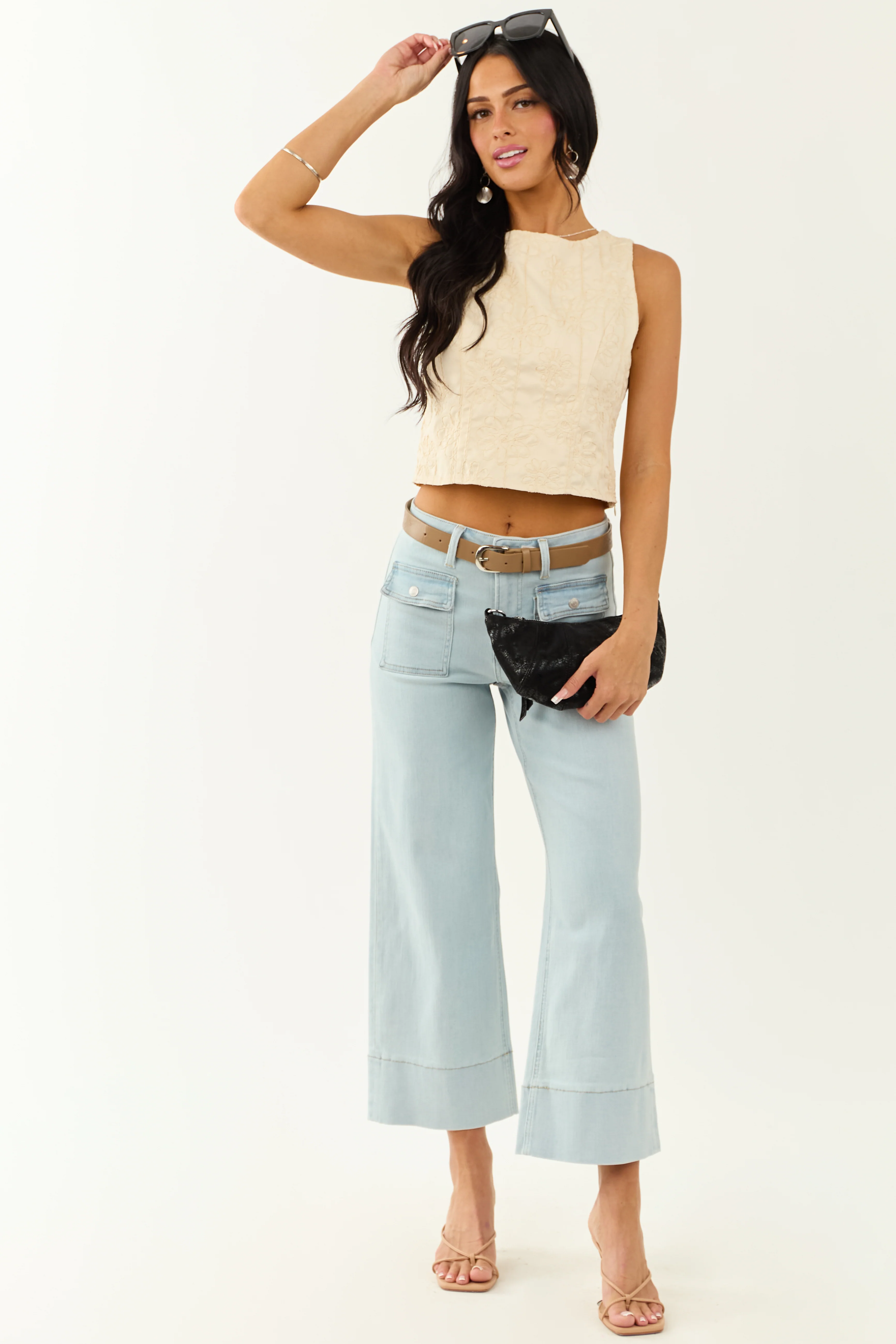 Lovelo Cream Raised Embroidery Cropped Tank Top - Image 3