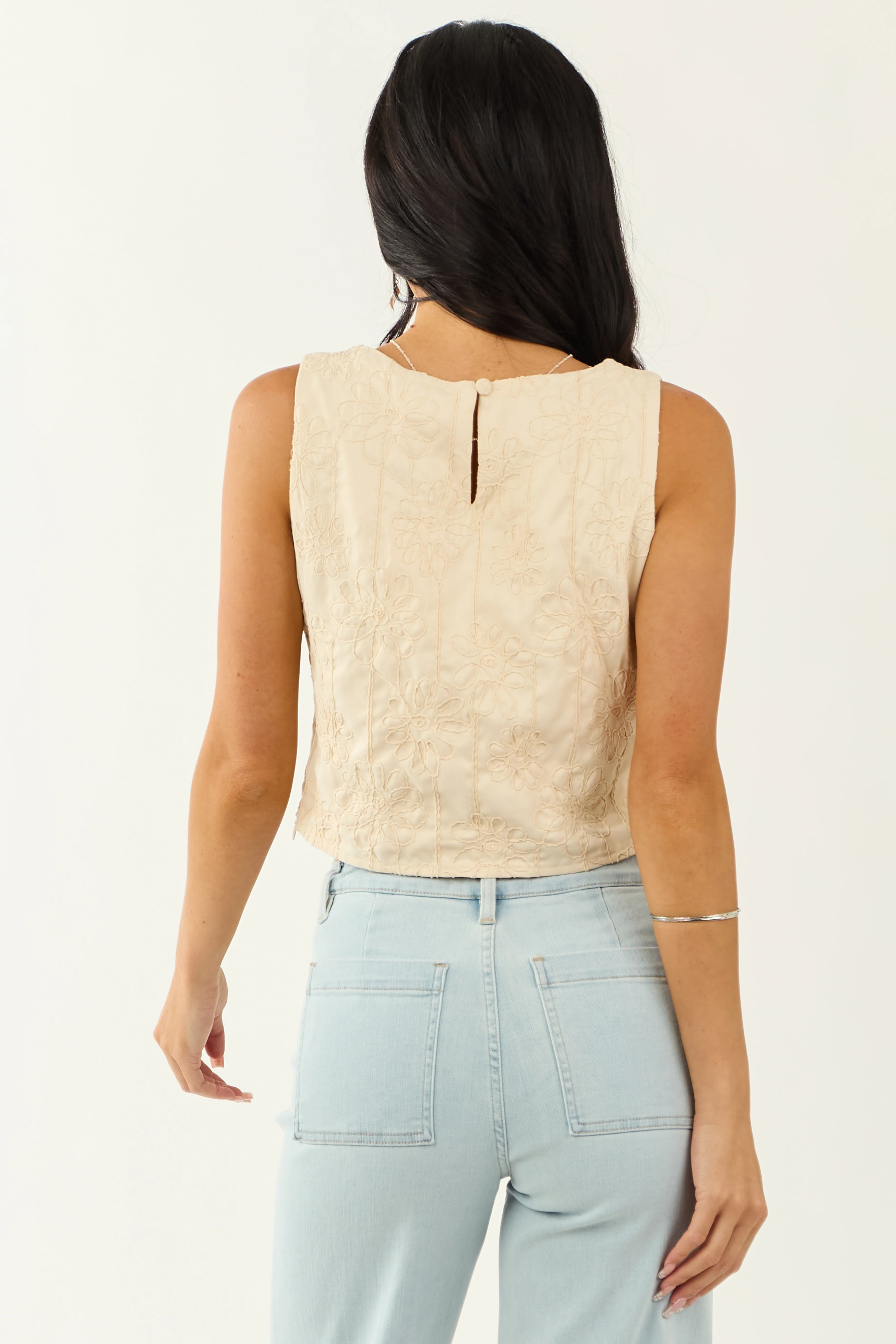 Lovelo Cream Raised Embroidery Cropped Tank Top - Image 5
