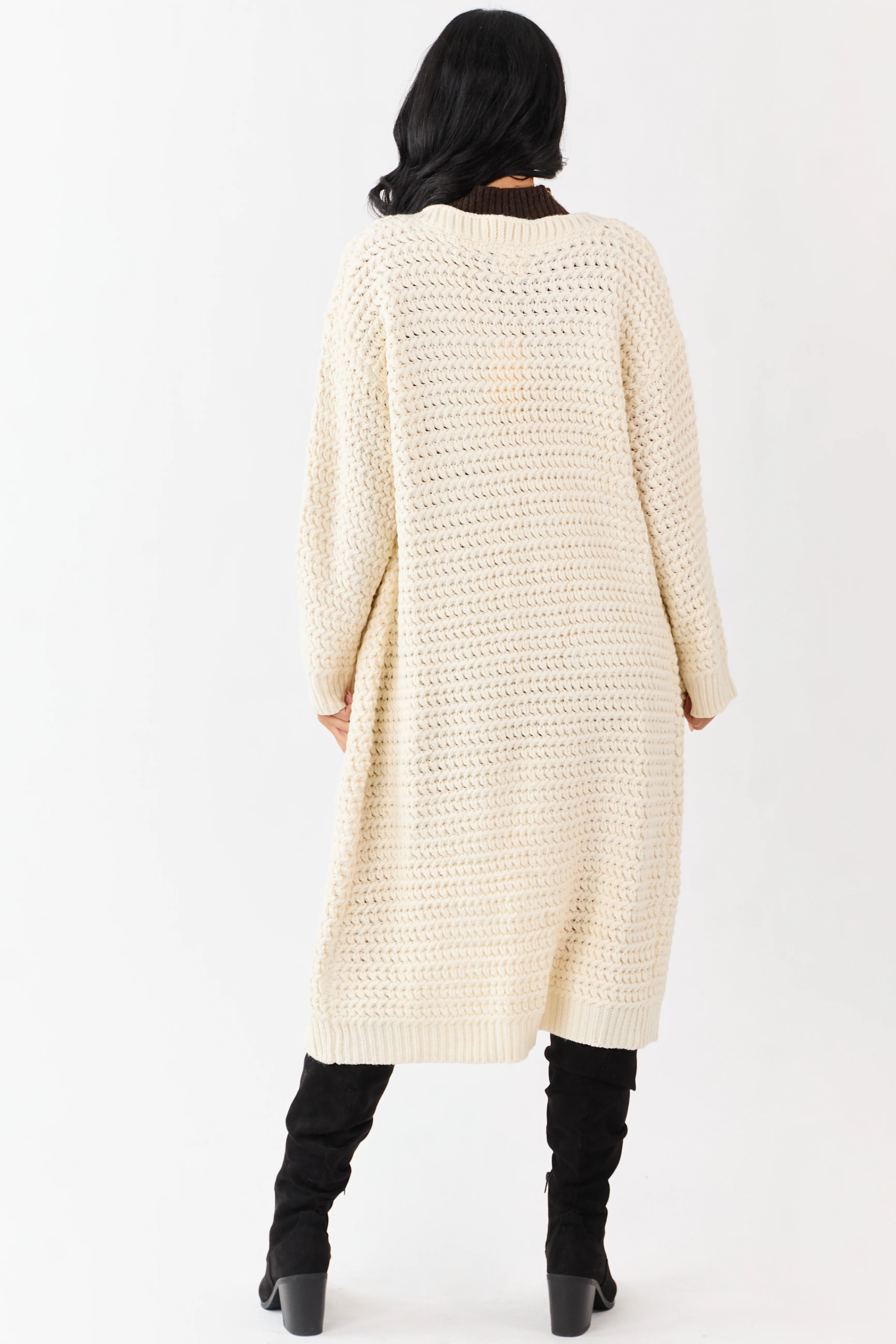 Lovelo Cream Waffle Knit Open Front Duster Cardigan - Image 6