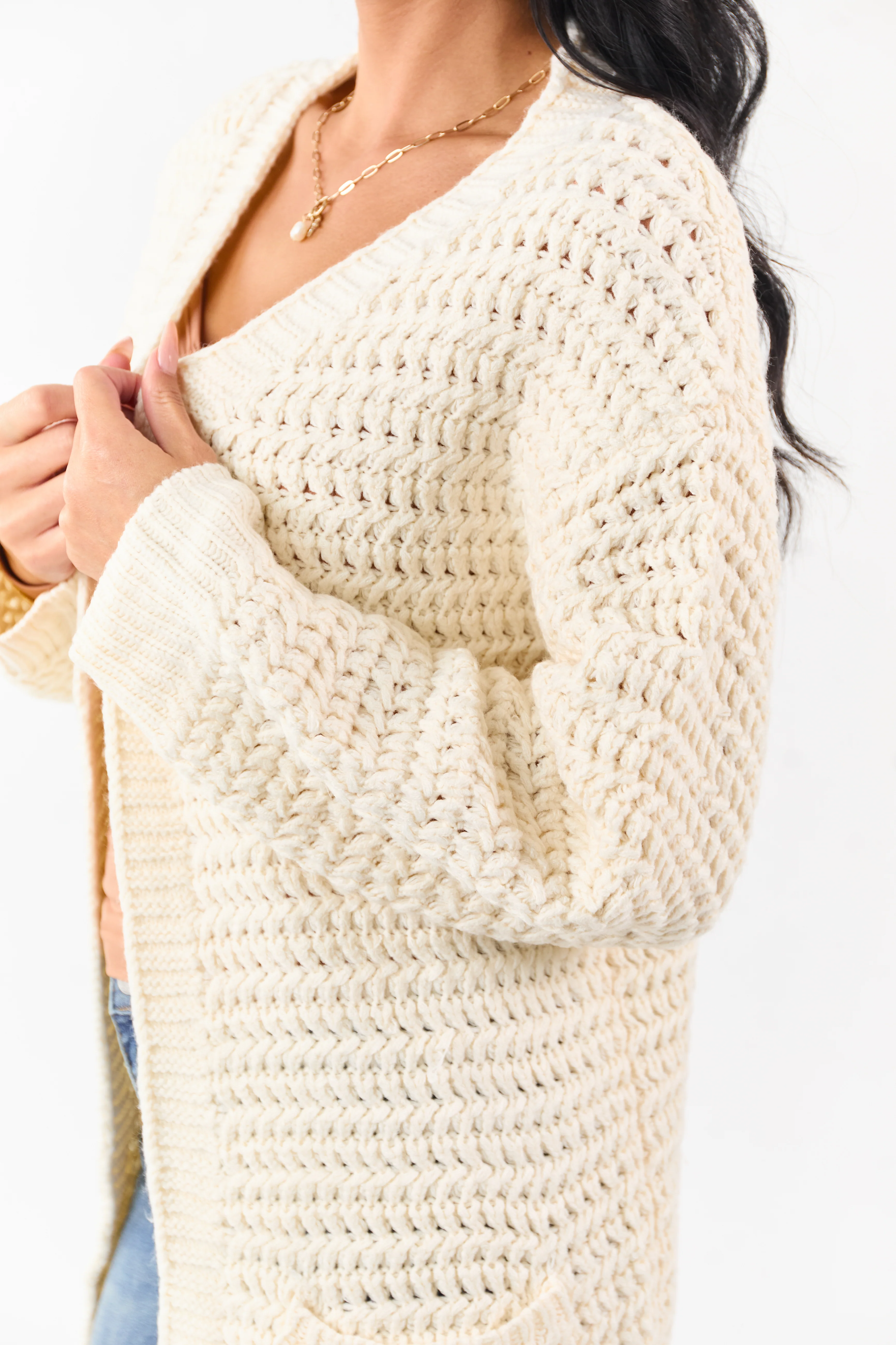 Lovelo Cream Waffle Knit Open Front Duster Cardigan - Image 7