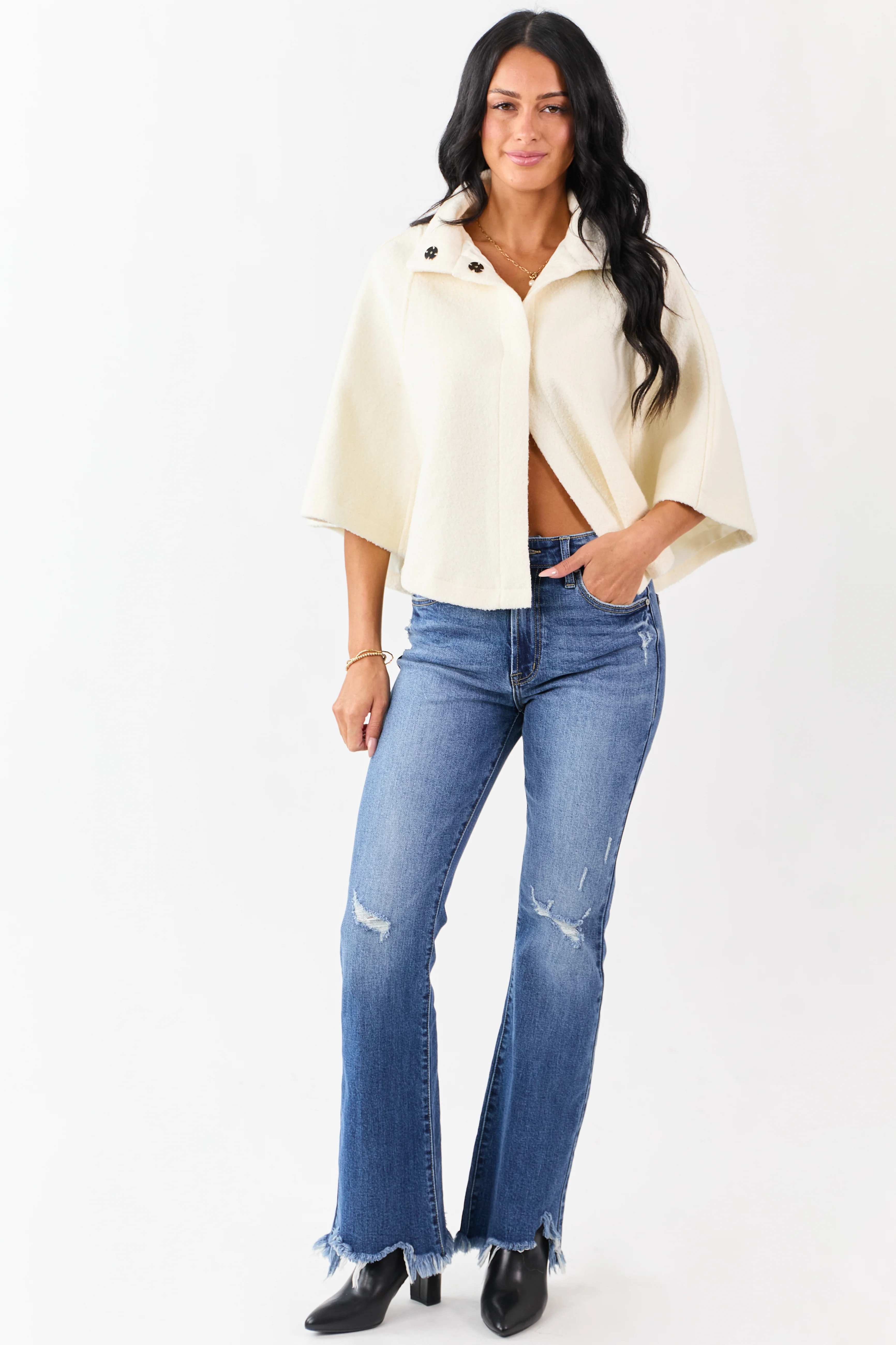 Lovelo Cream Wool Blend Snap Button Cape Jacket - Image 5