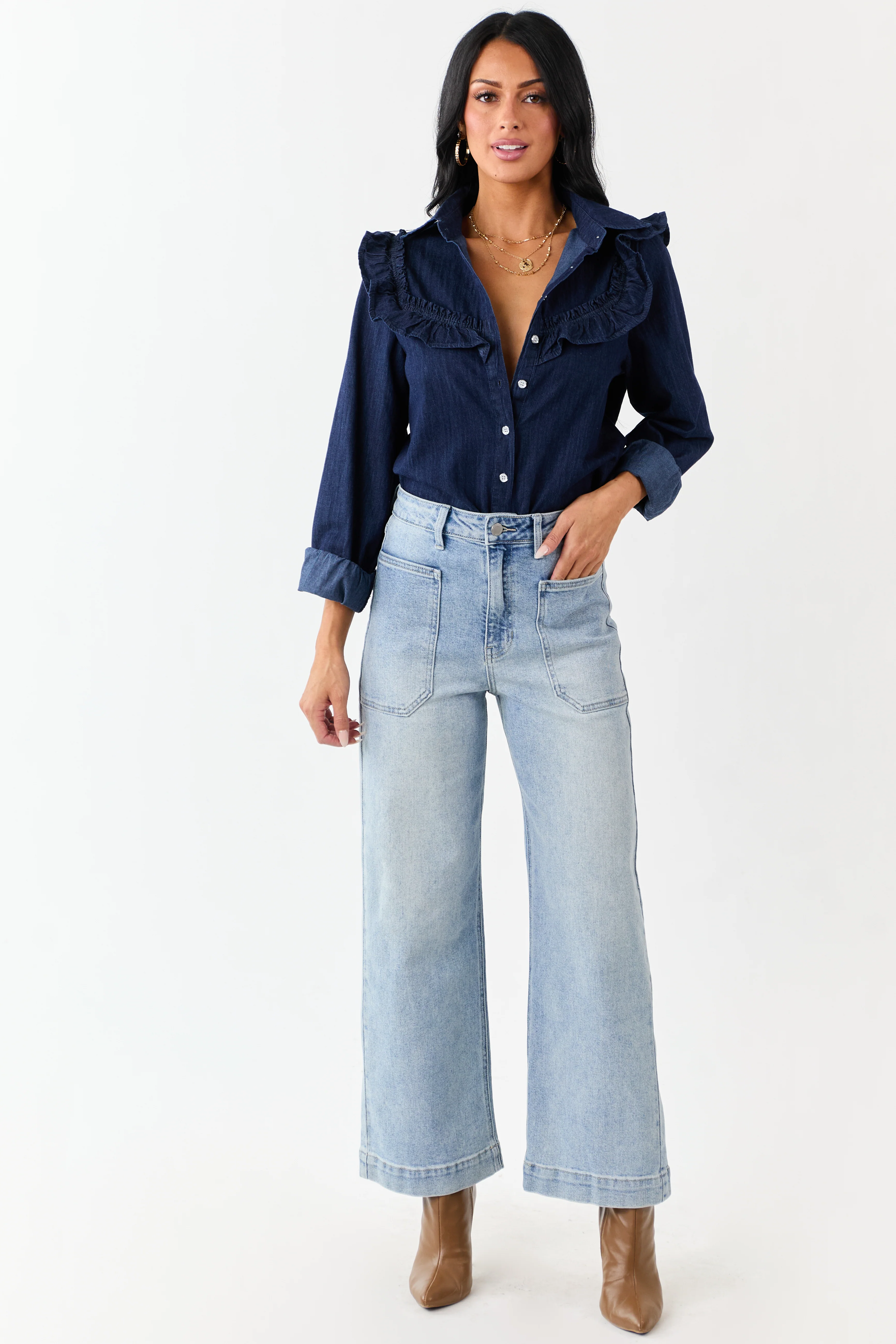 Lovelo Dark Denim Button Up Ruffled Long Sleeve Top - Image 2