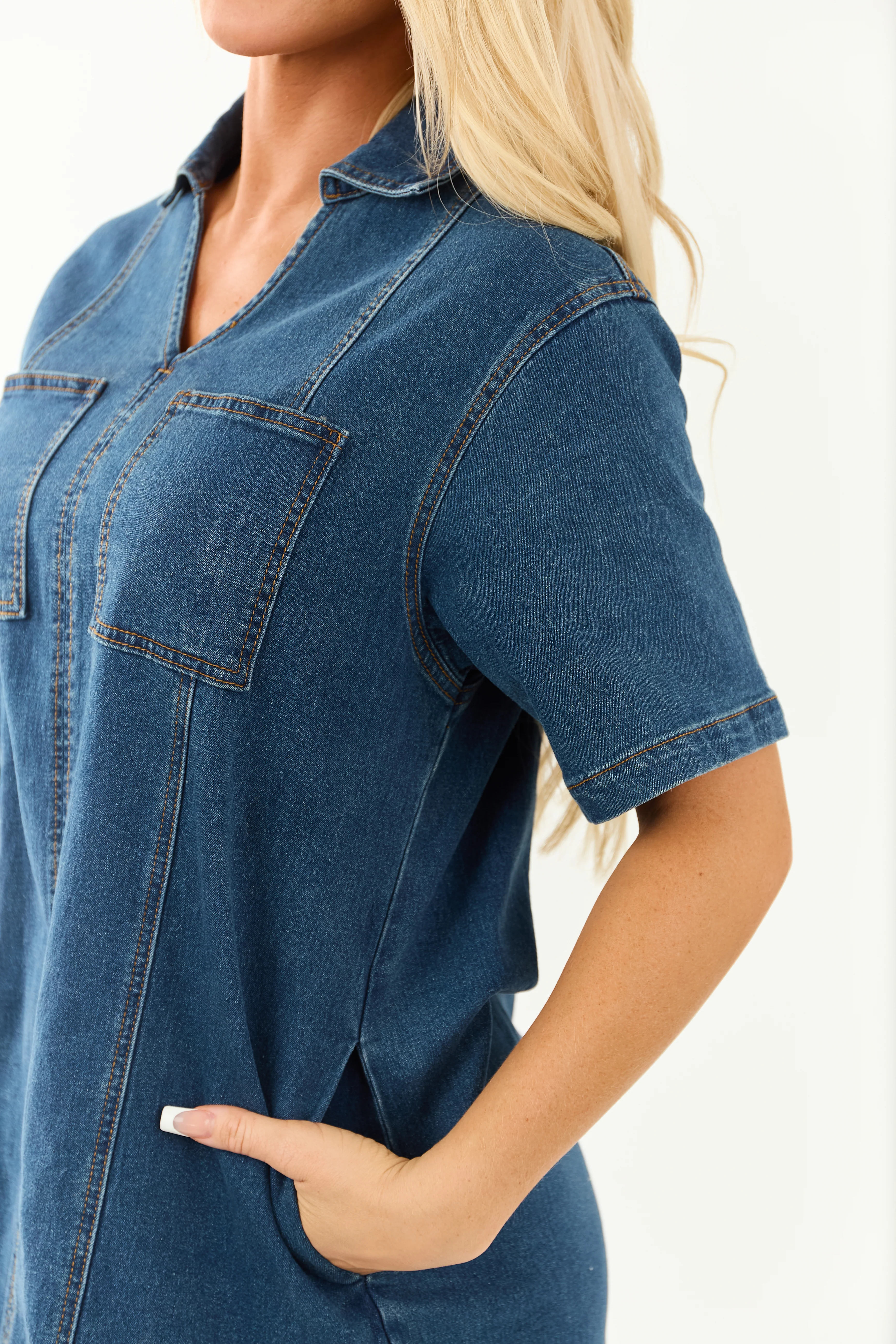 Lovelo Dark Wash Denim Collared Shift Mini Dress - Image 7