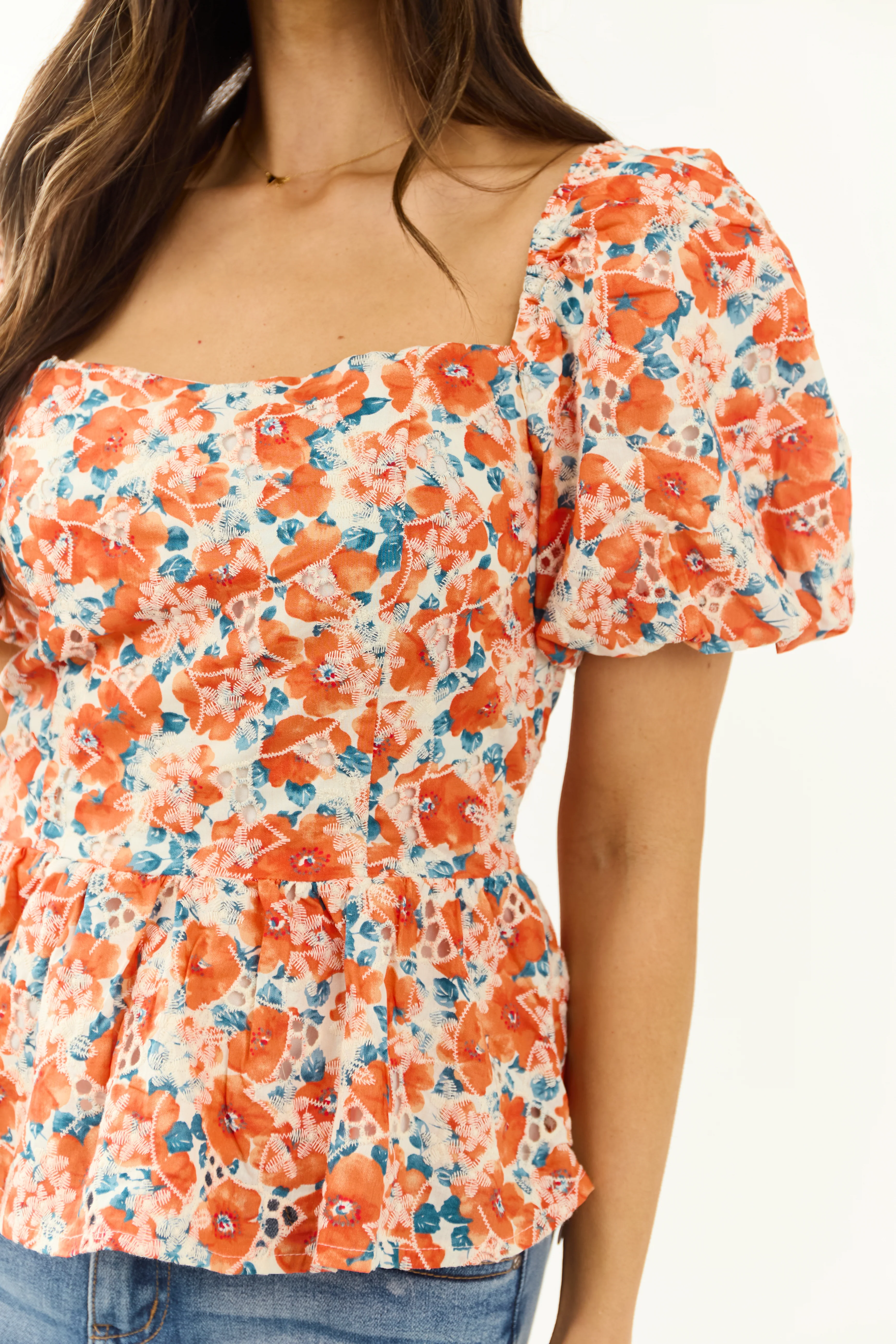 Lovelo Fire Floral Print Short Puff Sleeve Cotton Top - Image 7