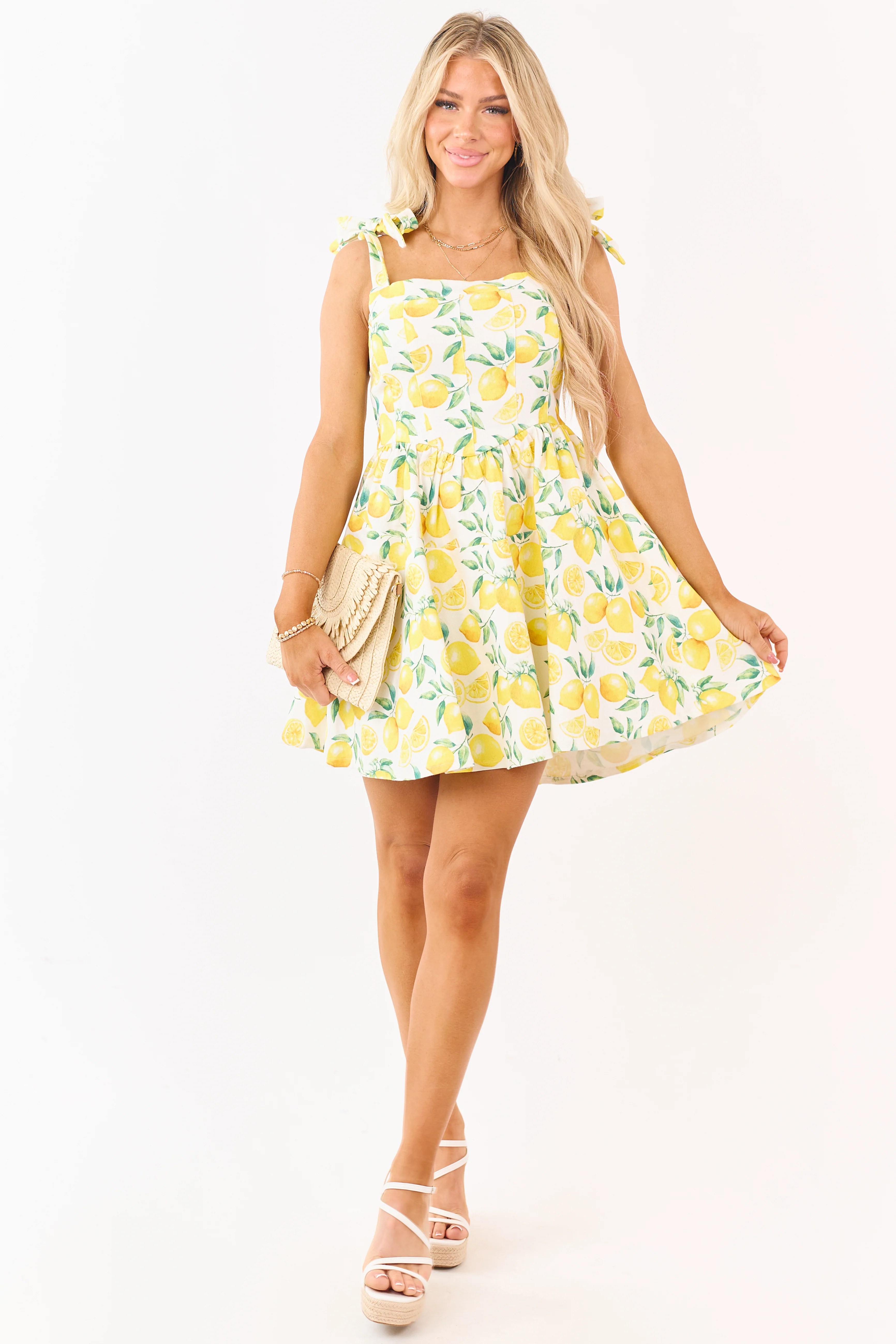 Lovelo Ivory Lemon Print Denim Sleeveless Mini Dress - Image 2