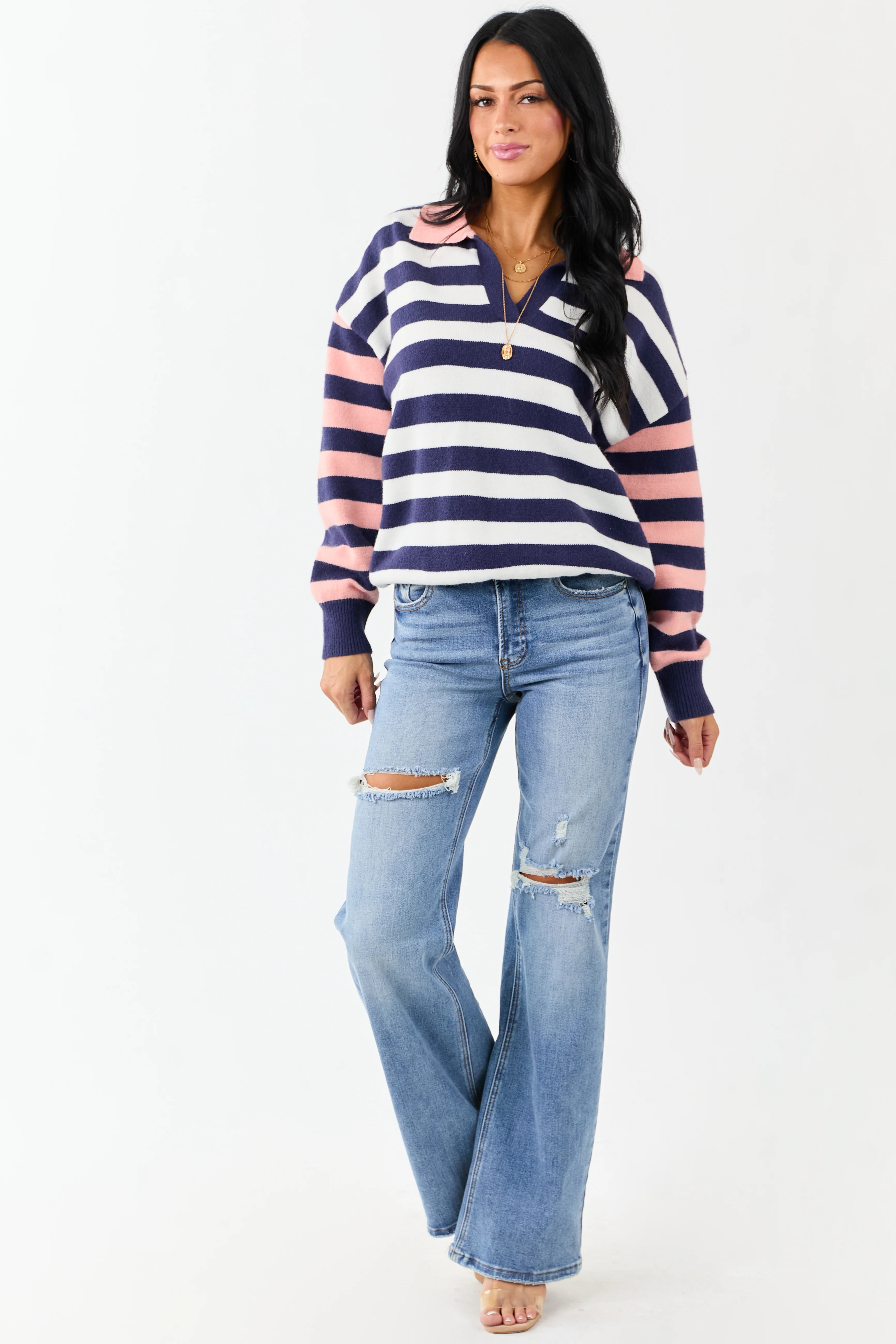 Lovelo Navy and Coral Striped Collared Sweater - Image 5