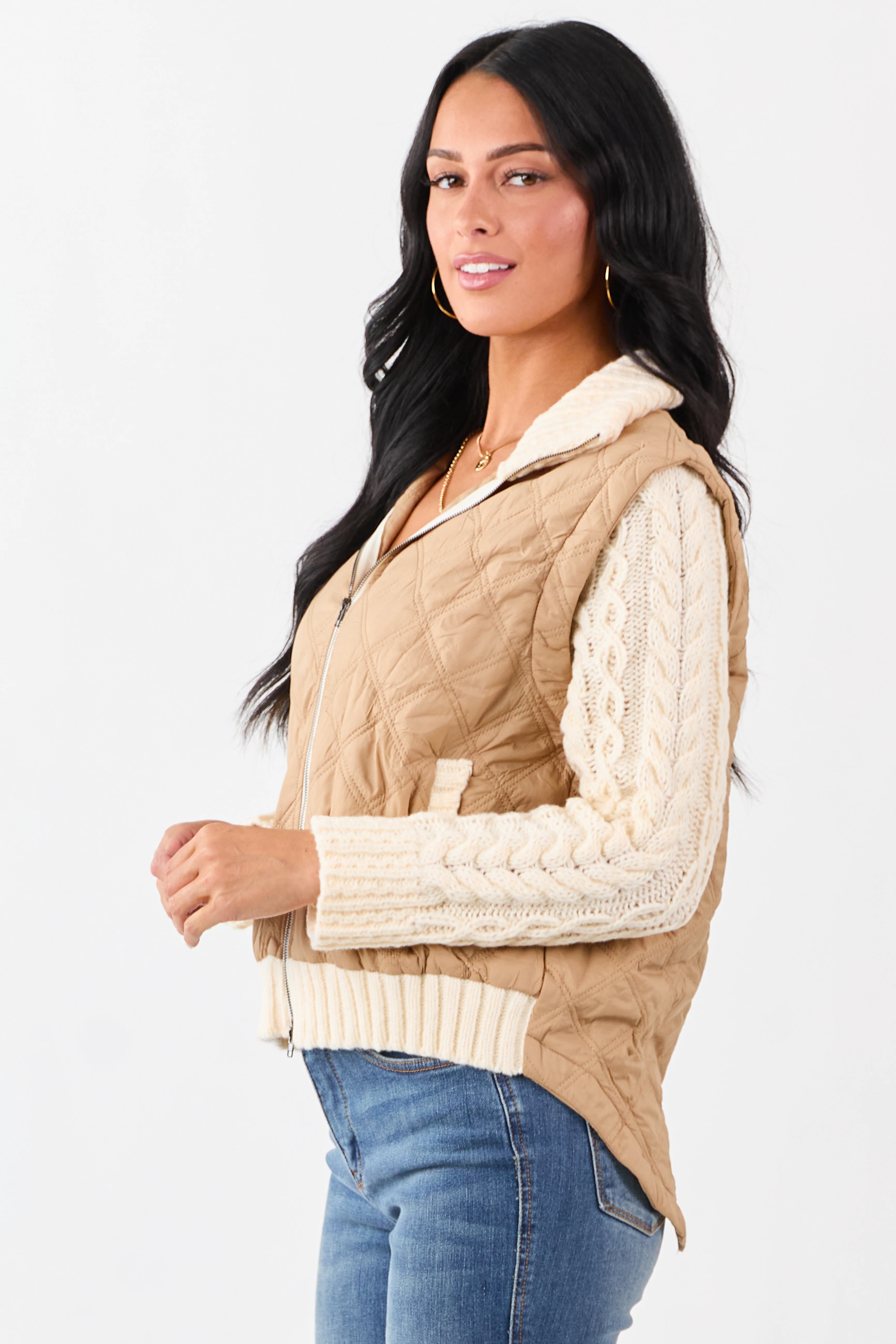 Lovelo Peanut Quilted Zip Up Knit Contrast Jacket - Image 4