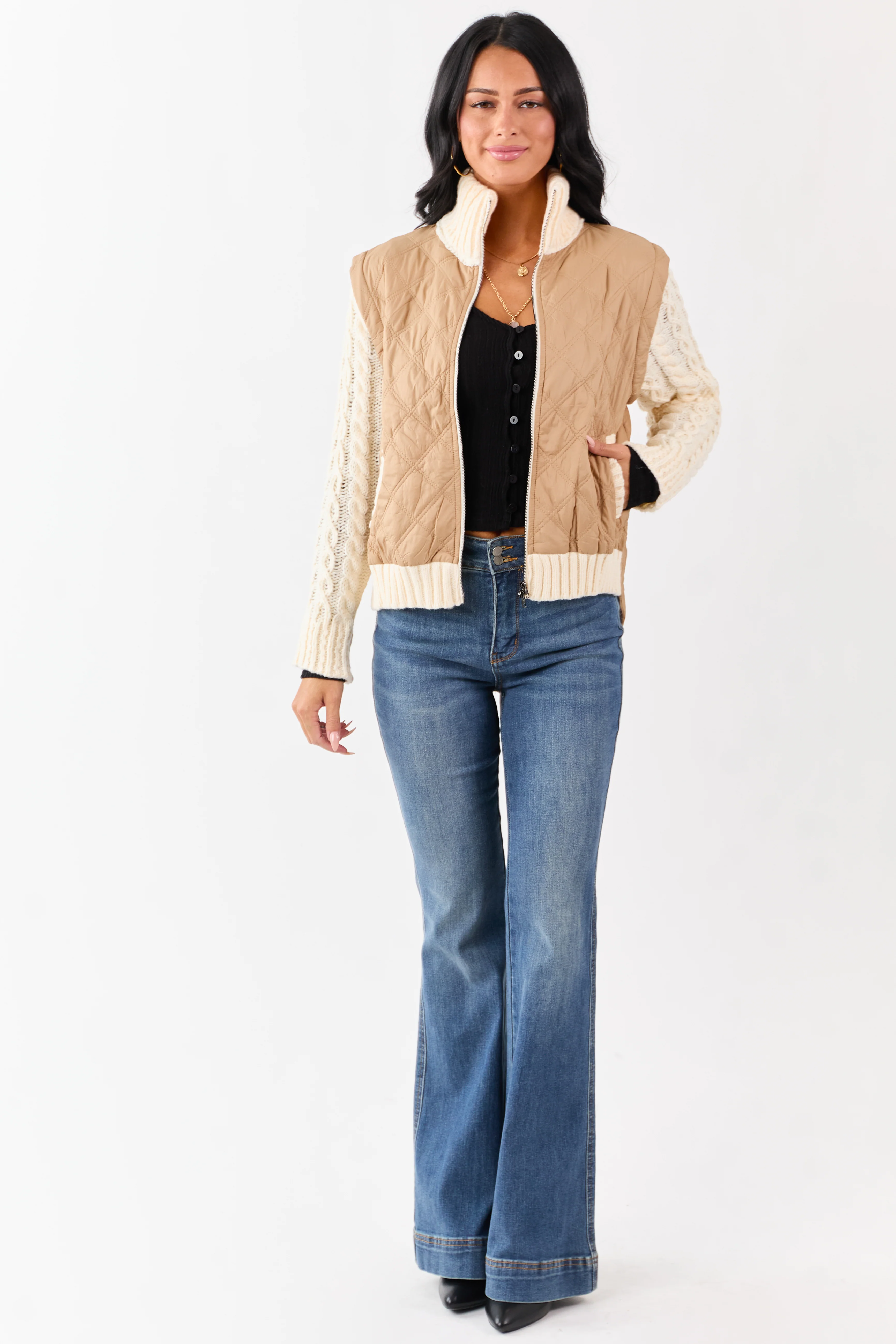 Lovelo Peanut Quilted Zip Up Knit Contrast Jacket - Image 5