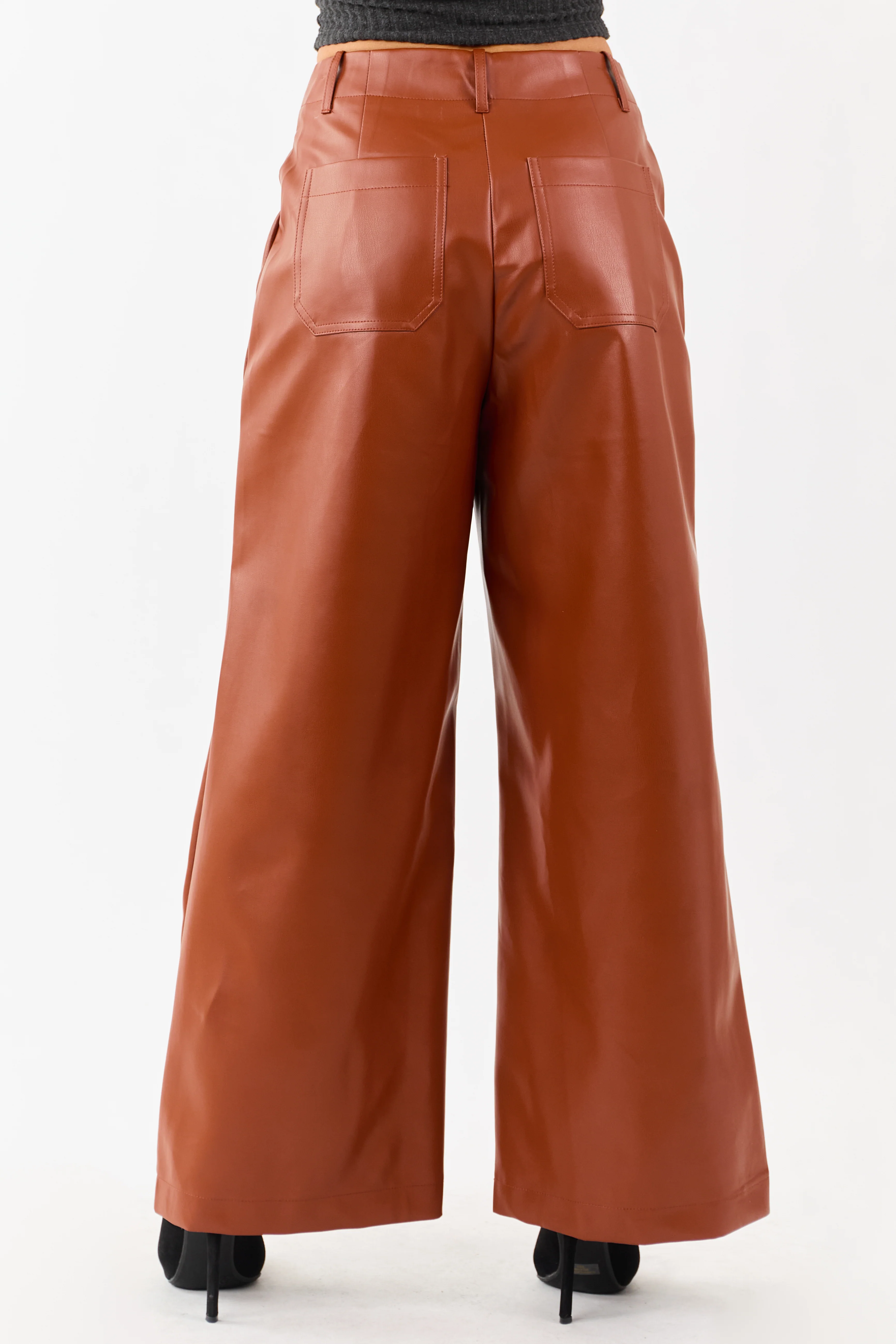 Lovelo Rust Faux Leather Wide Leg Pants - Image 4
