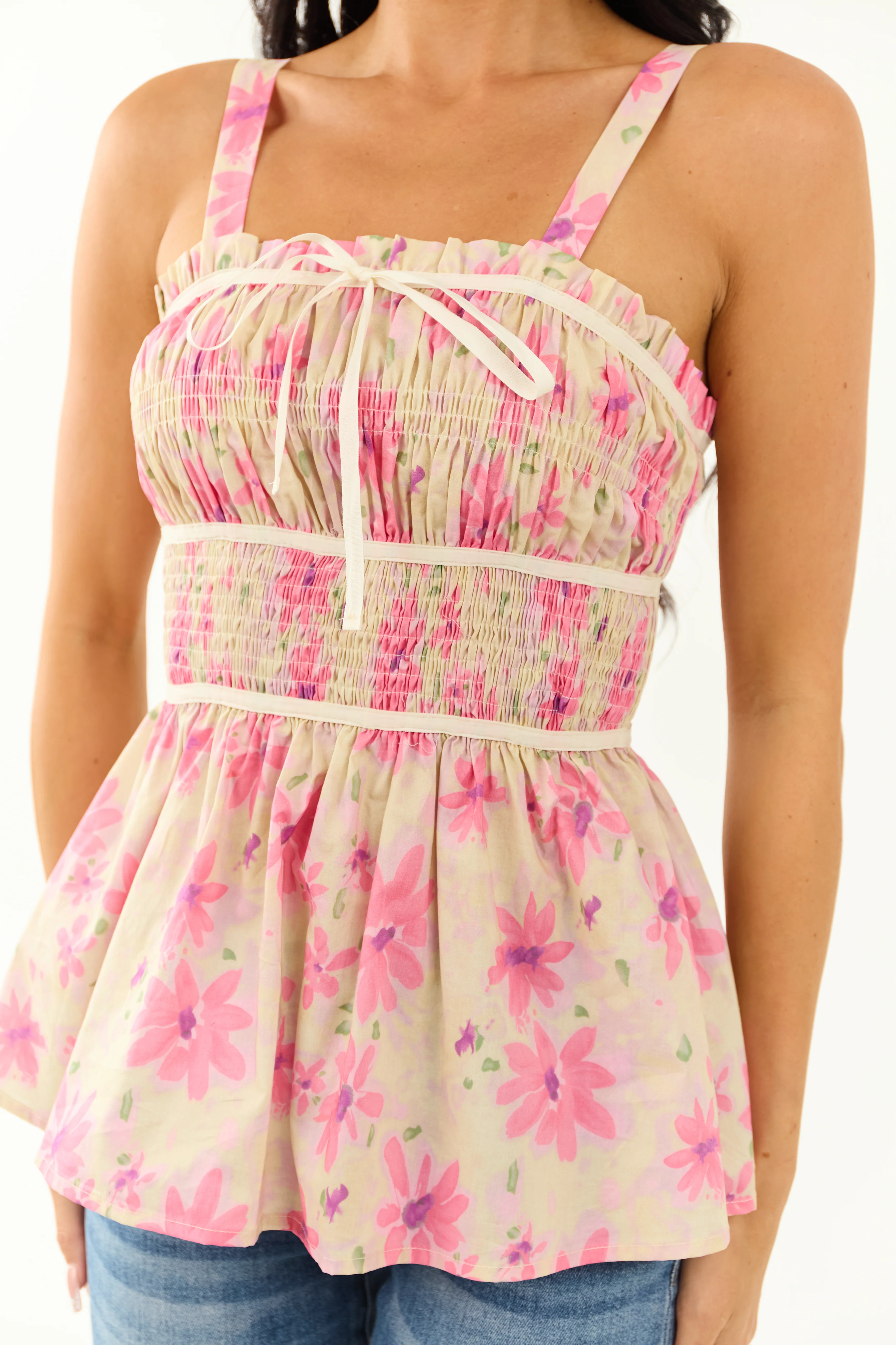 Lovelo Straw Floral Print Smocked Cotton Tank Top - Image 8