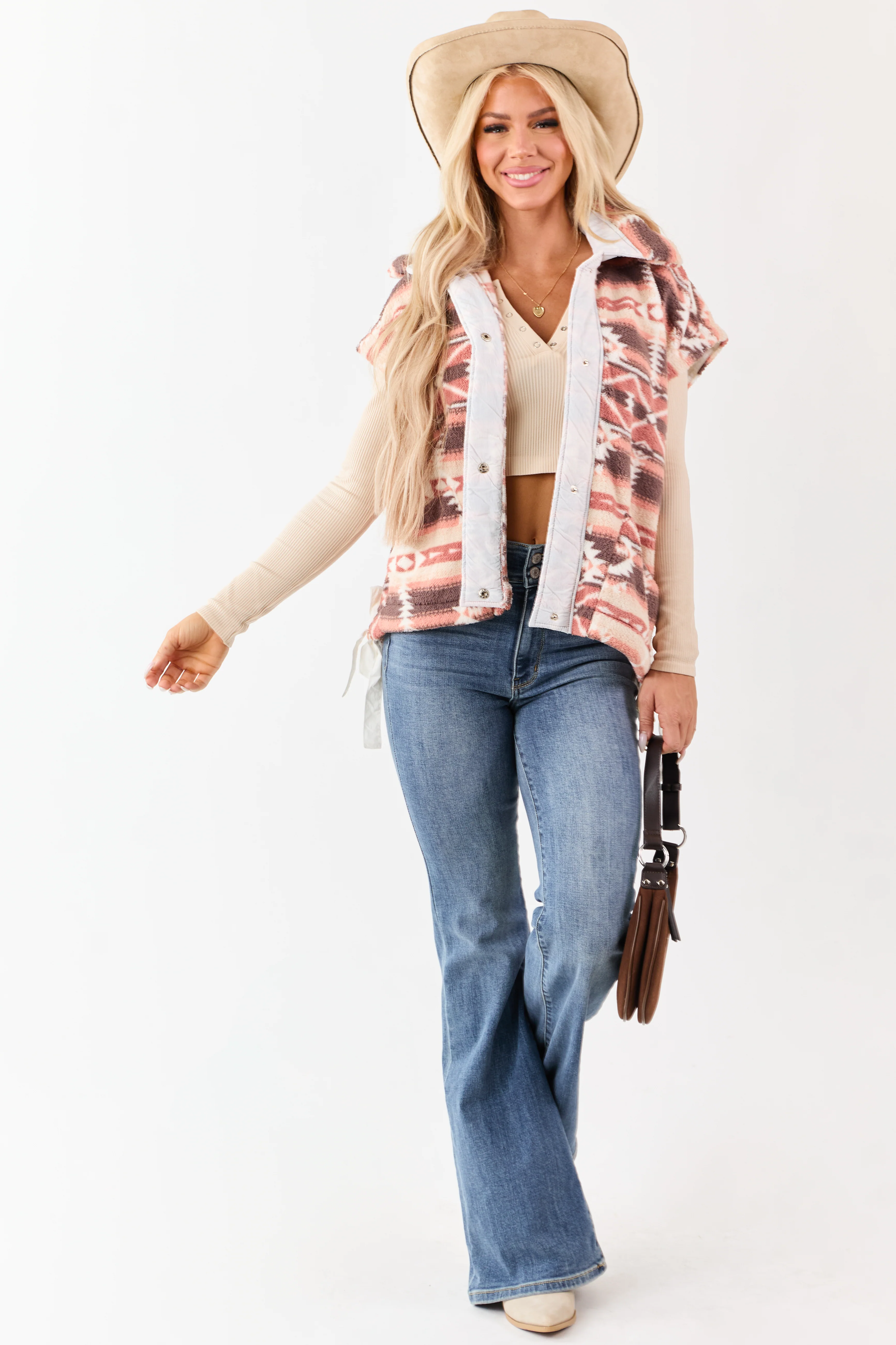 Lovelo Walnut High Collar Aztec Print Fleece Vest - Image 3