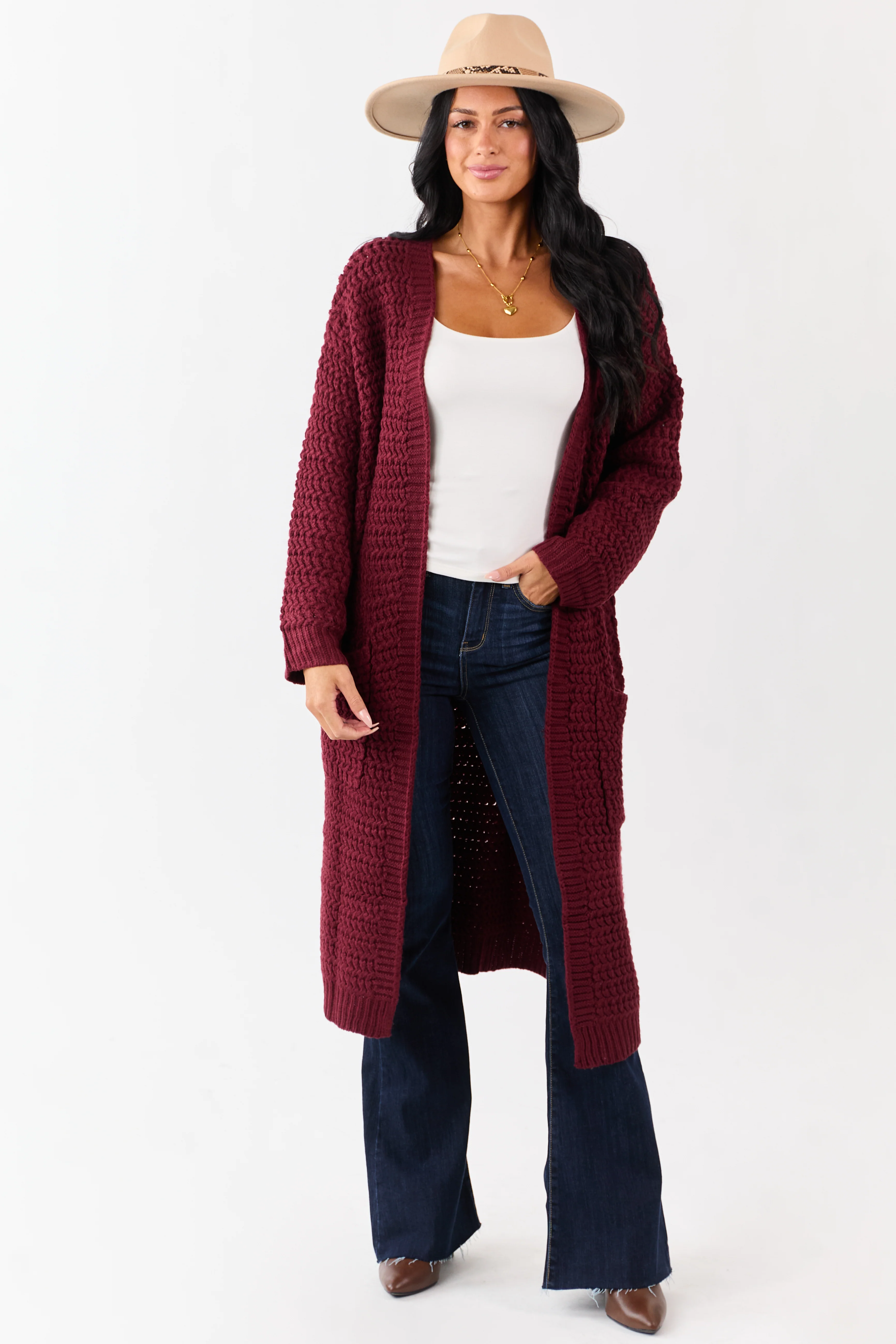 Lovelo Wine Waffle Knit Open Front Duster Cardigan - Image 5