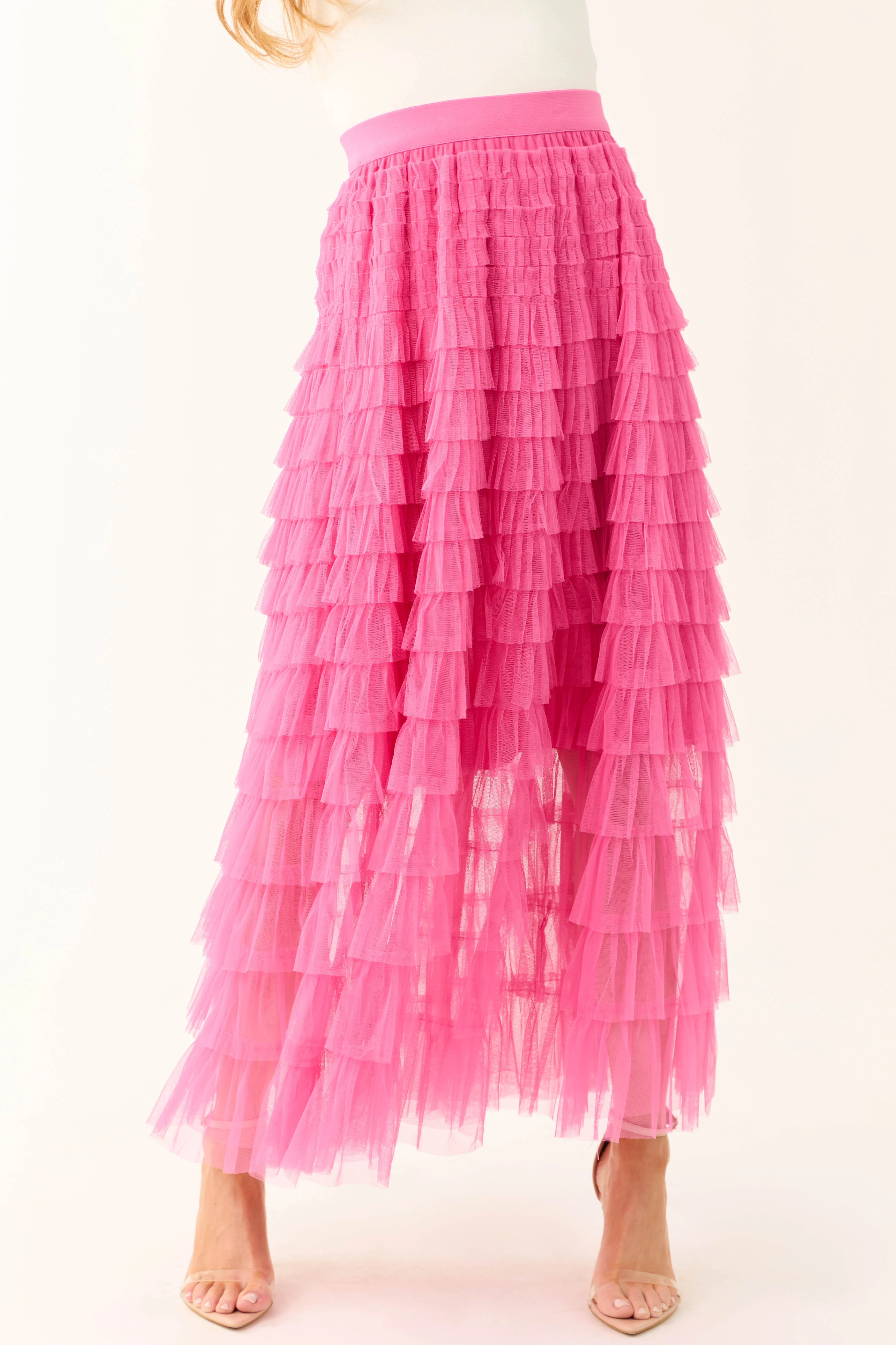 Magenta Ruffle Tulle Elastic Maxi Skirt - Image 3