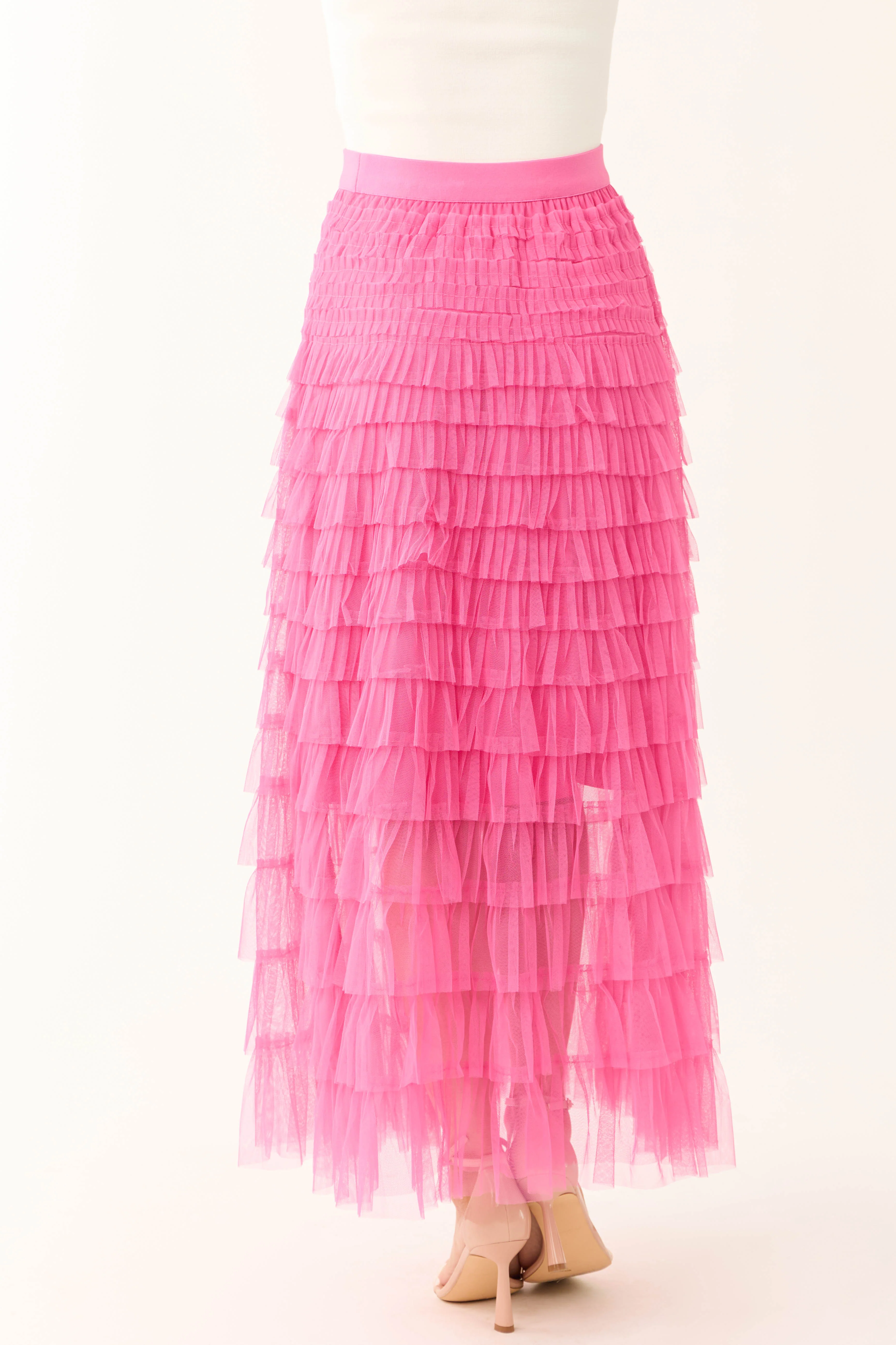 Magenta Ruffle Tulle Elastic Maxi Skirt - Image 5