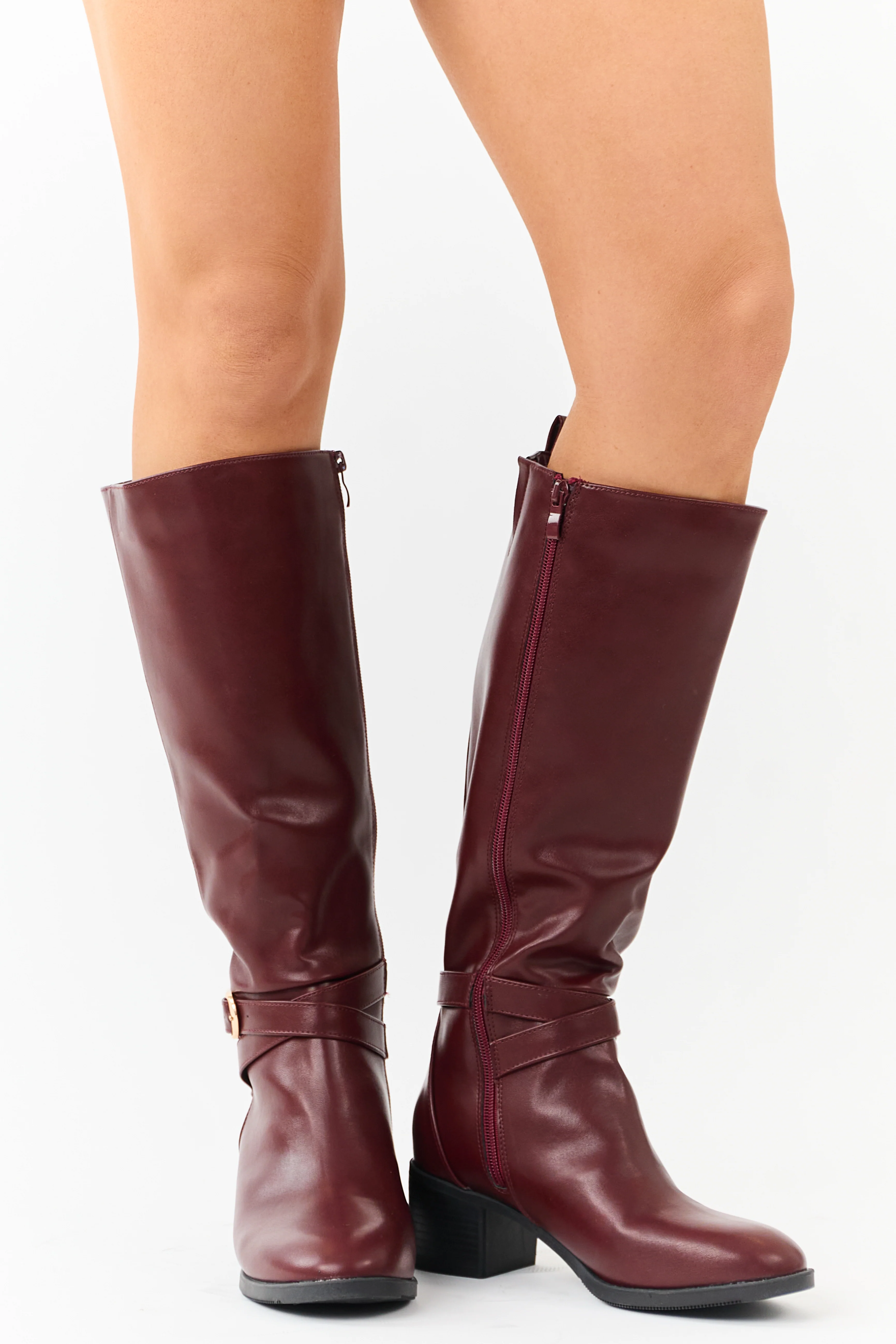 Mahogany Faux Leather Knee High Block Heel Boots - Image 2