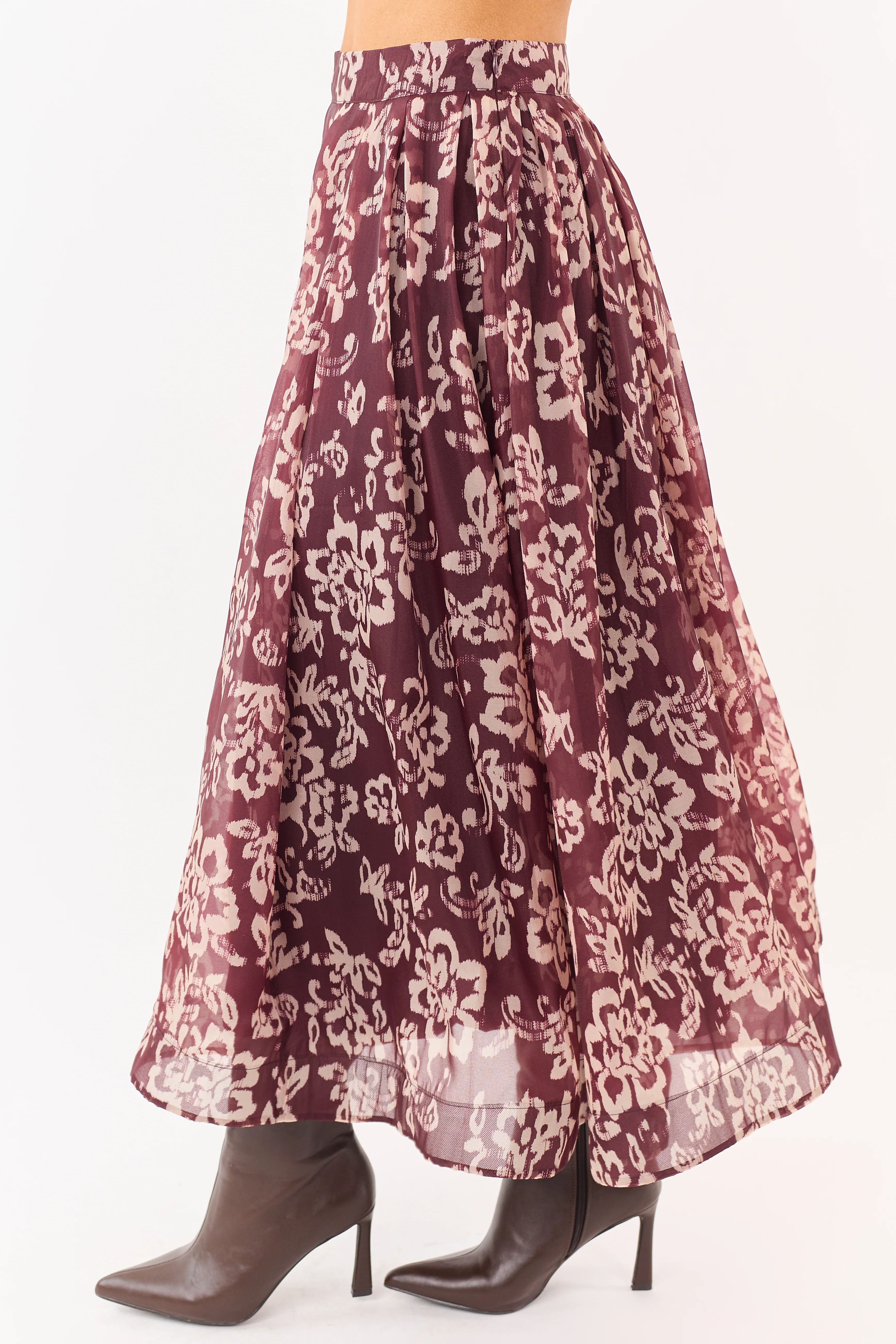Mahogany and Latte Floral Print Pleated Midi Skirt - Image 3