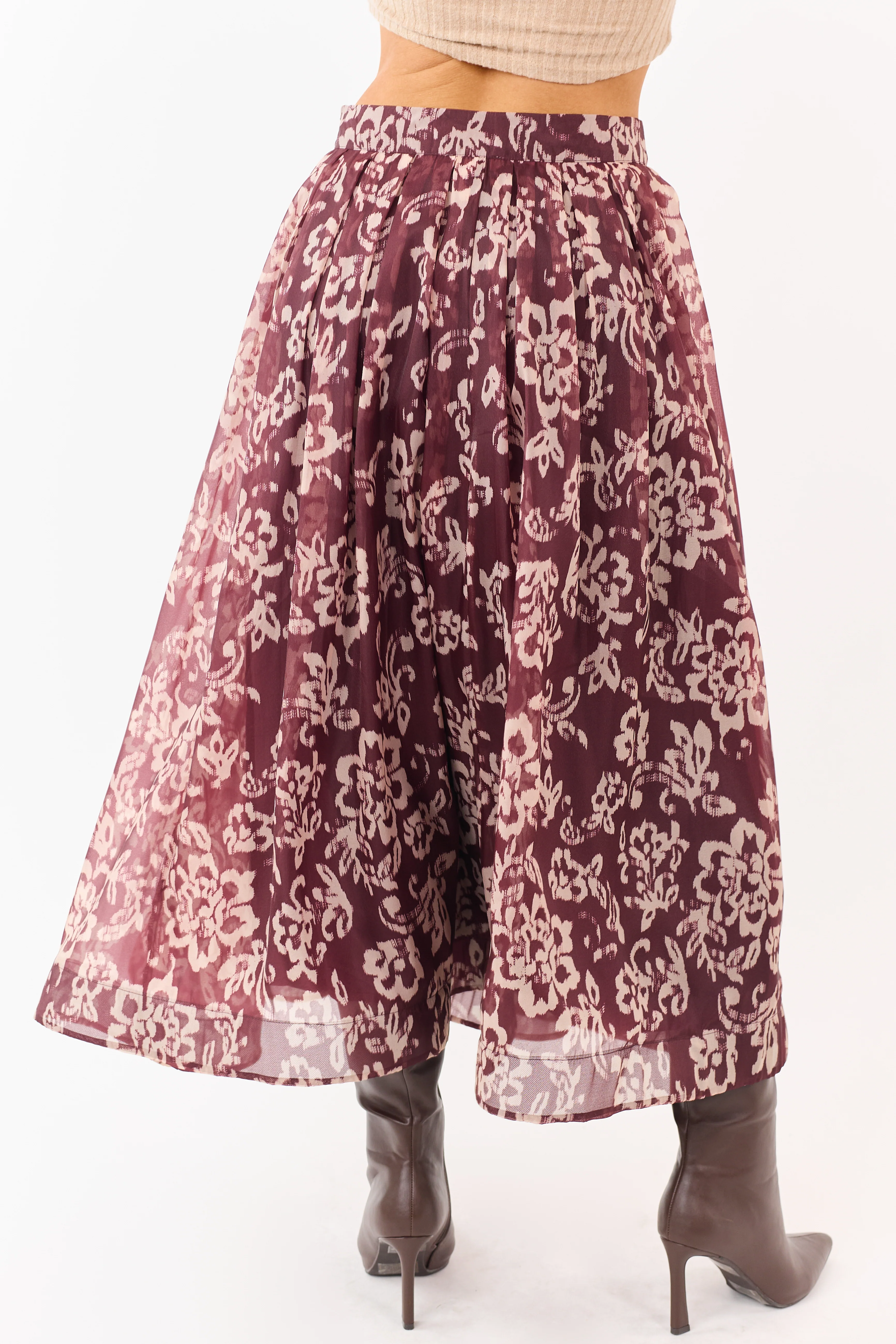 Mahogany and Latte Floral Print Pleated Midi Skirt - Image 4
