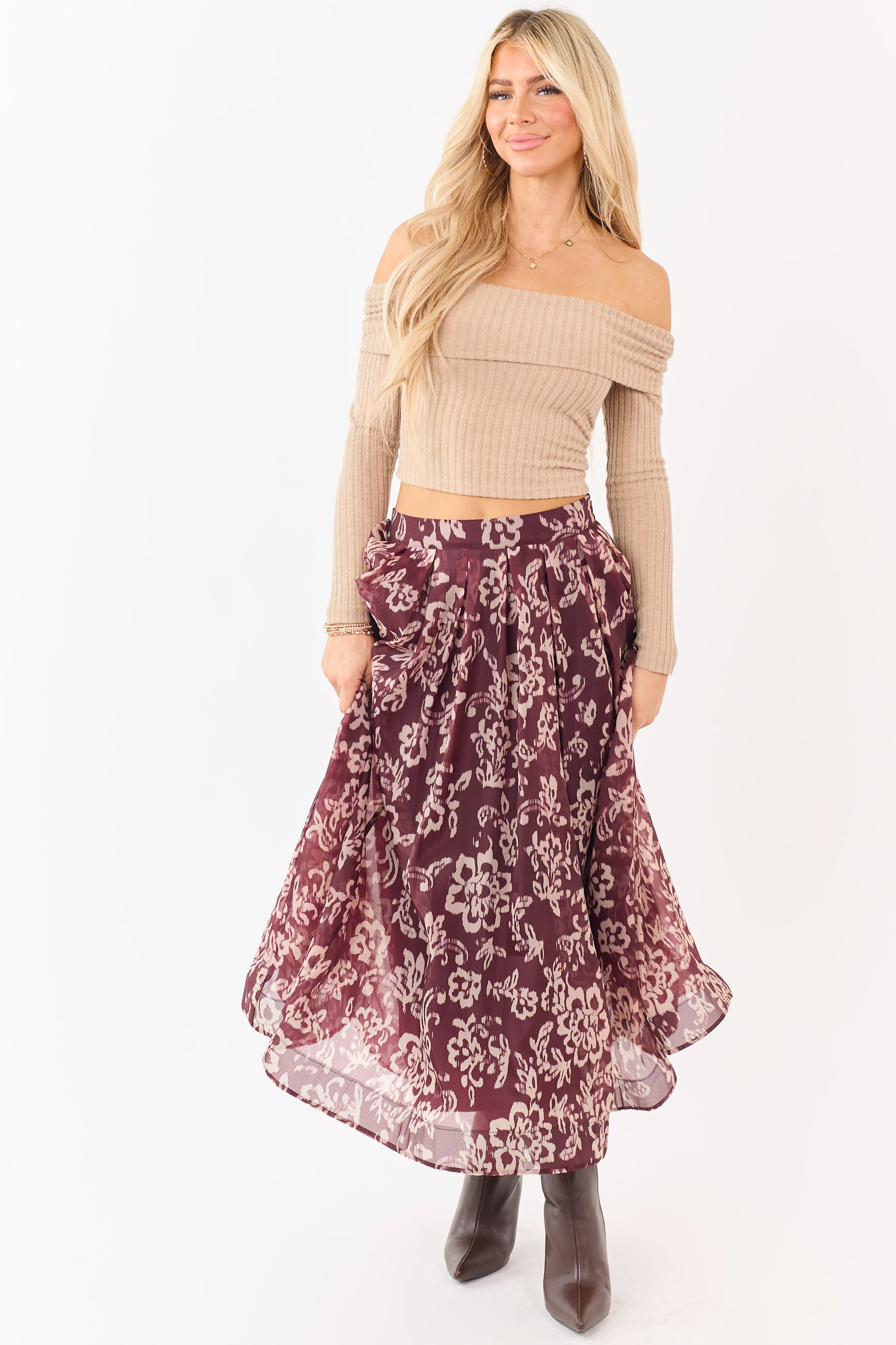 Mahogany and Latte Floral Print Pleated Midi Skirt - Image 5