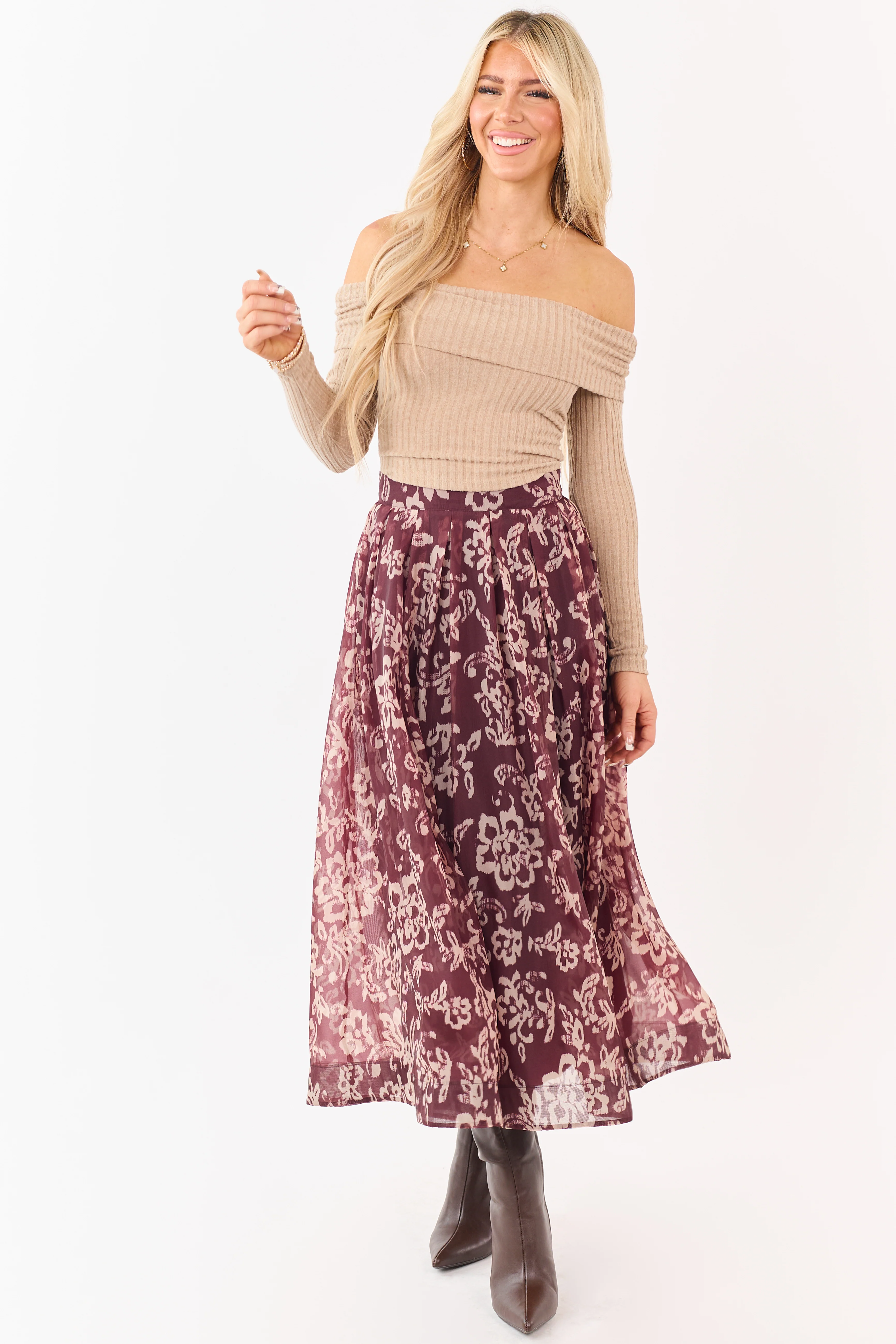 Mahogany and Latte Floral Print Pleated Midi Skirt - Image 6