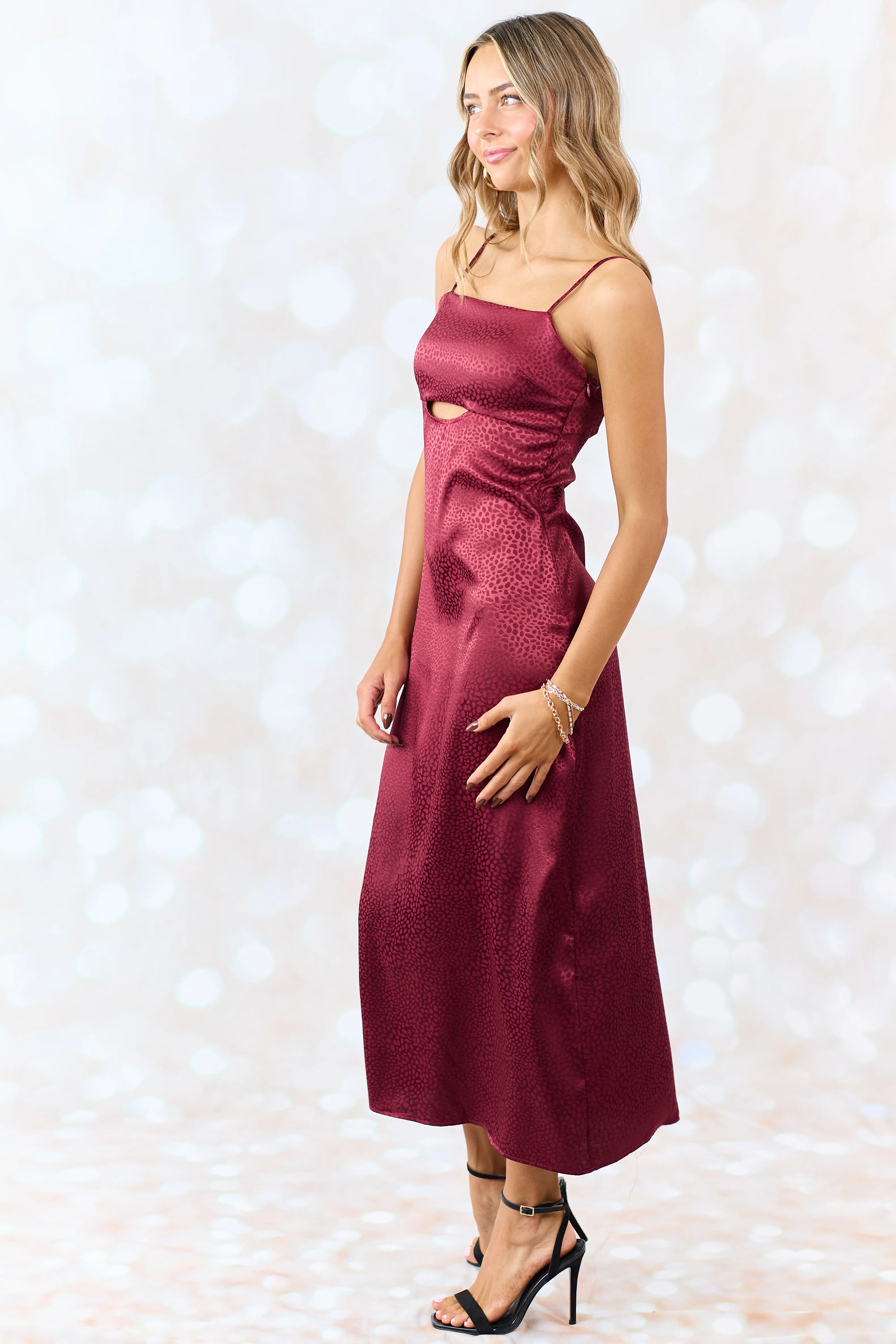 Maroon Animal Print Sleeveless Satin Midi Dress - Image 4