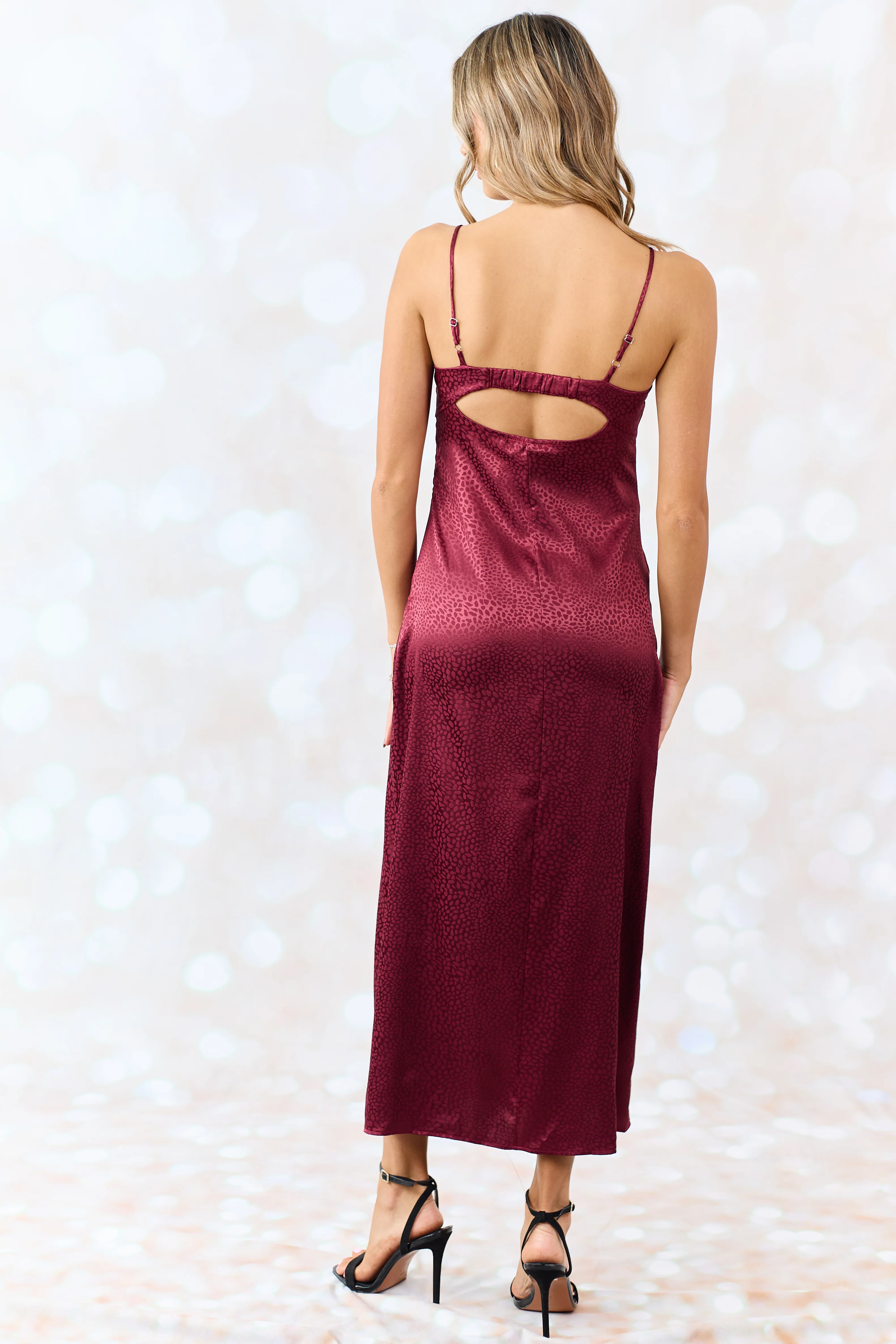 Maroon Animal Print Sleeveless Satin Midi Dress - Image 5