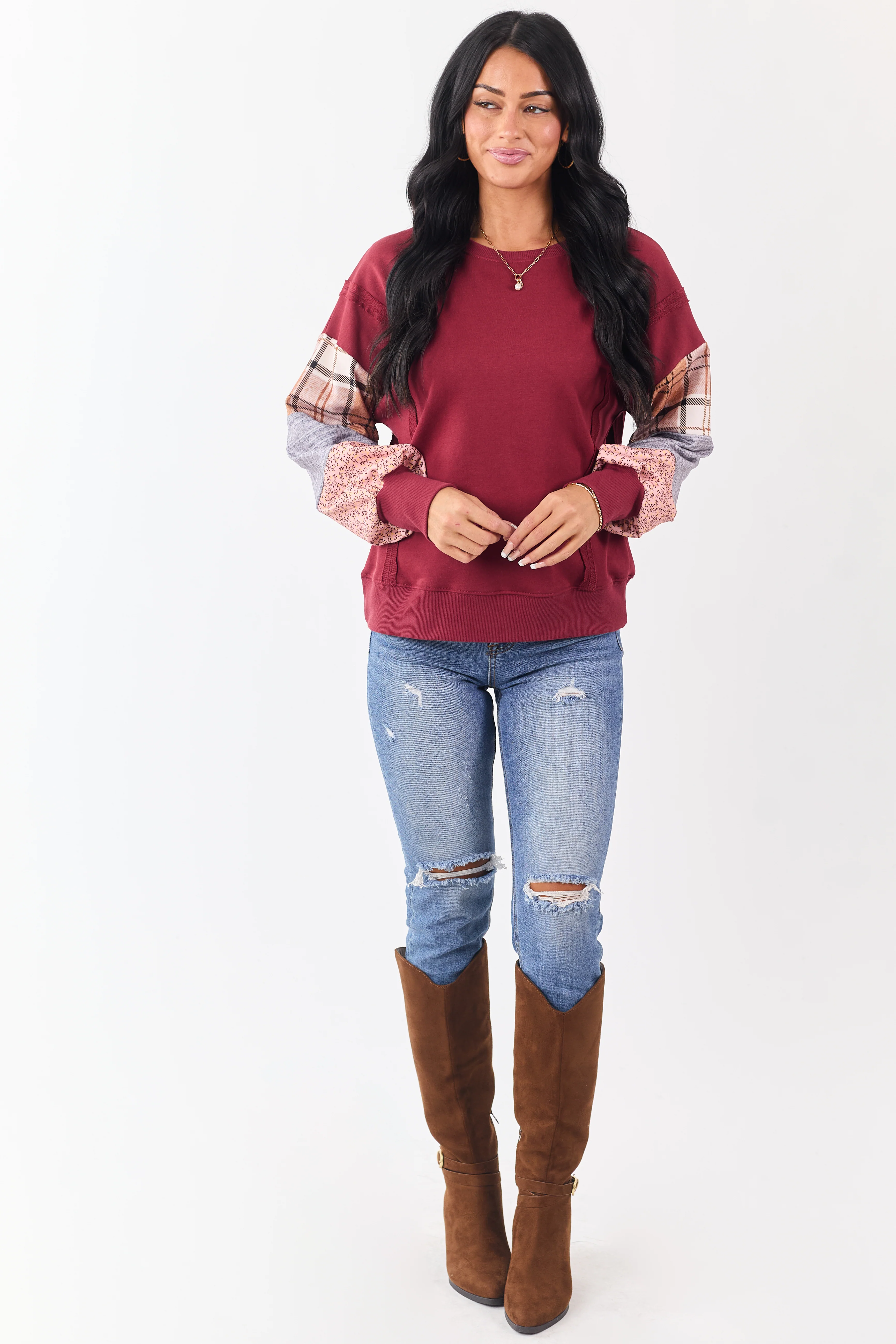 Maroon Contrast Patchwork Raw Seam Sweatshirt - Image 2