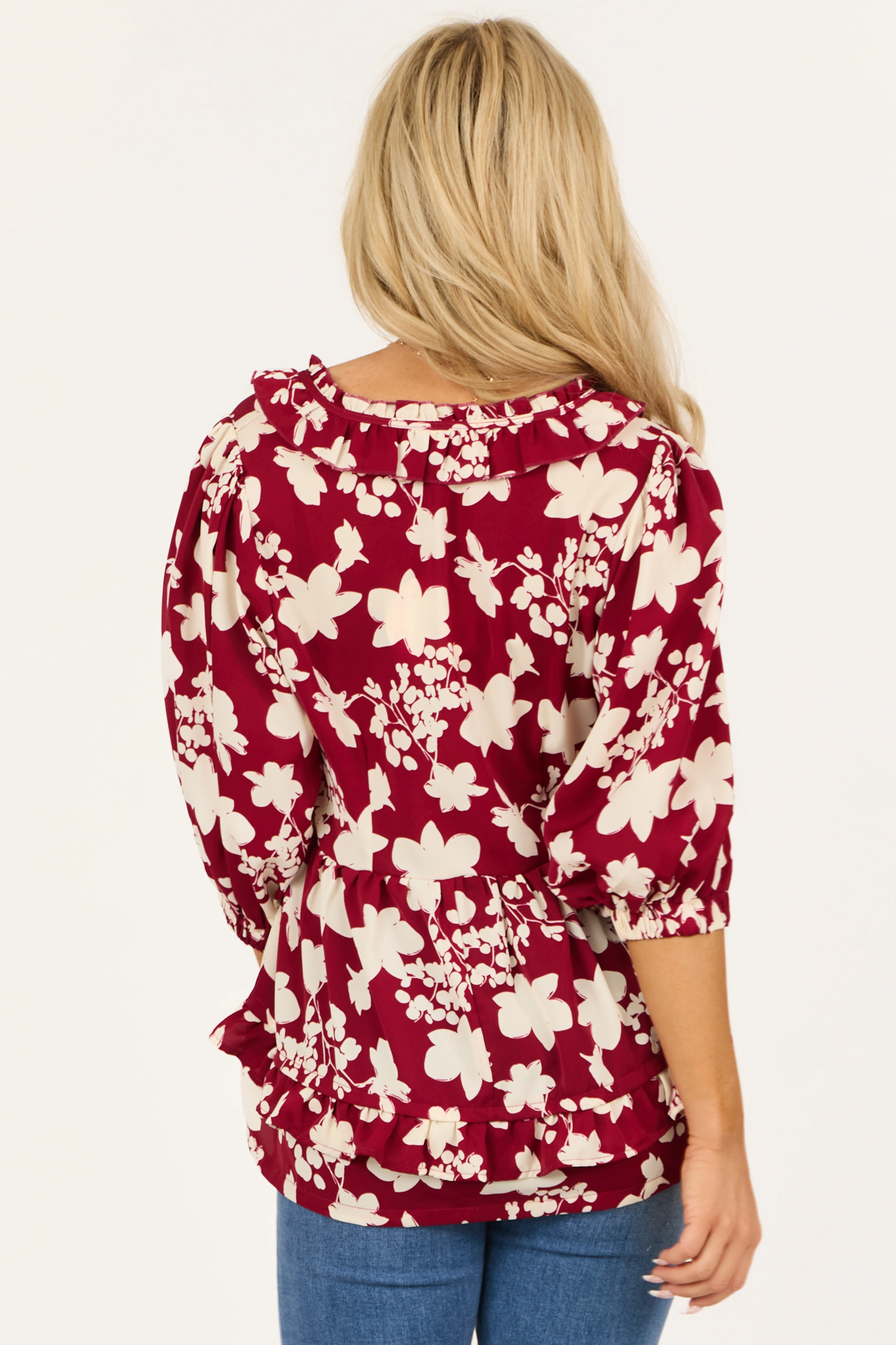 Maroon Floral Outline Ruffle 3/4 Sleeve Top - Image 5