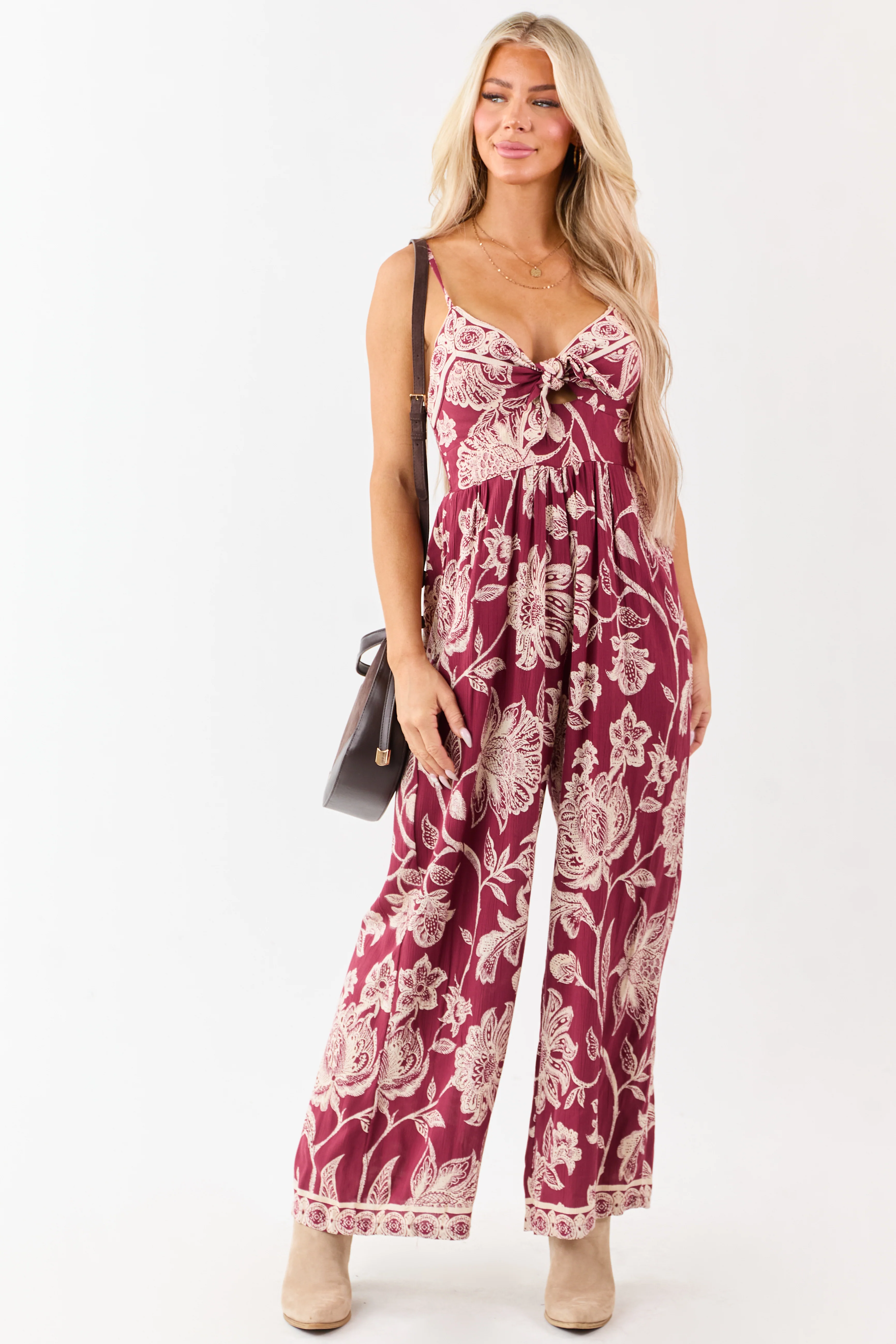 Maroon Floral Print Tie Bust Wide Leg Jumpsuit - Image 2