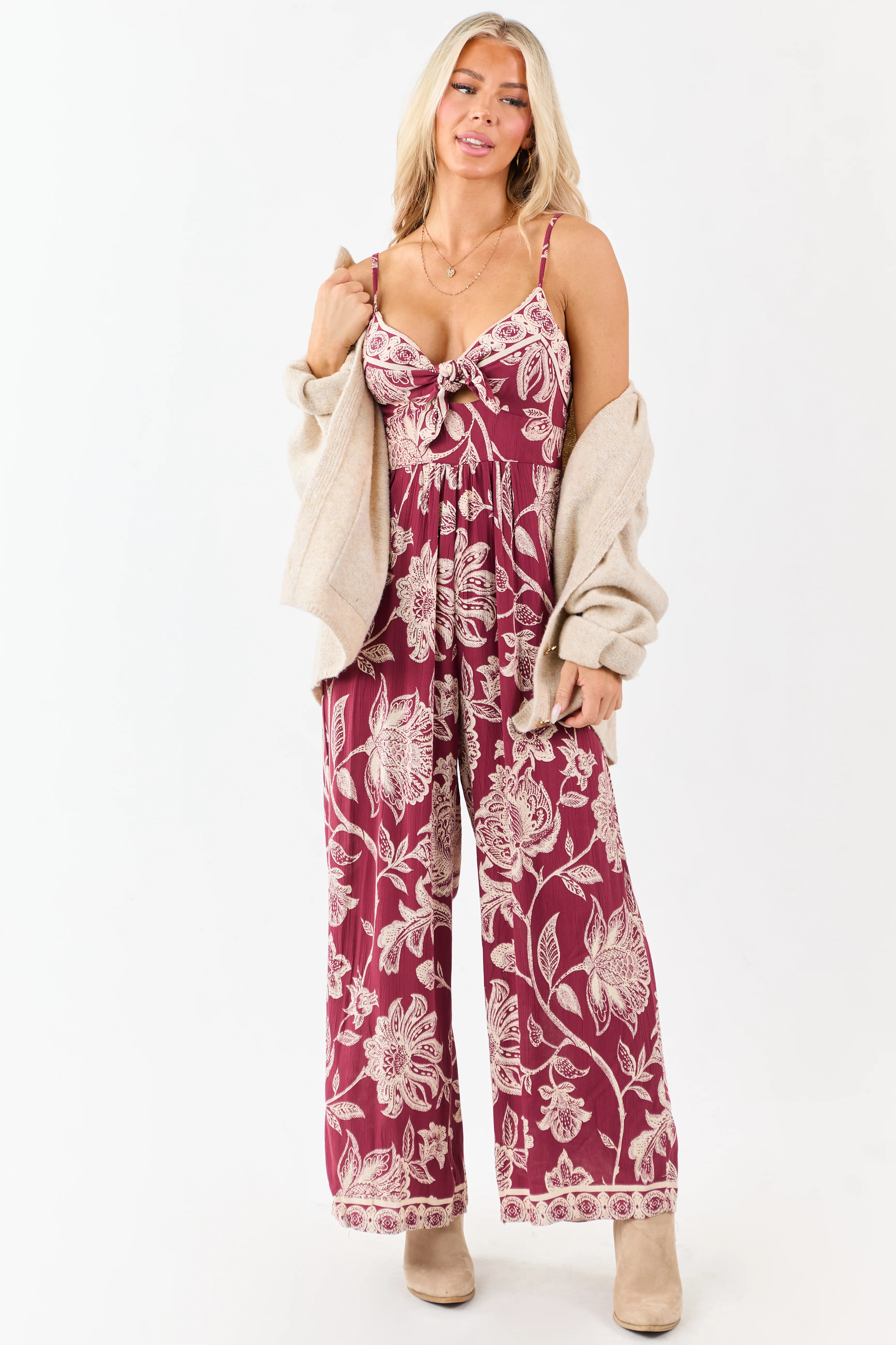 Maroon Floral Print Tie Bust Wide Leg Jumpsuit - Image 4
