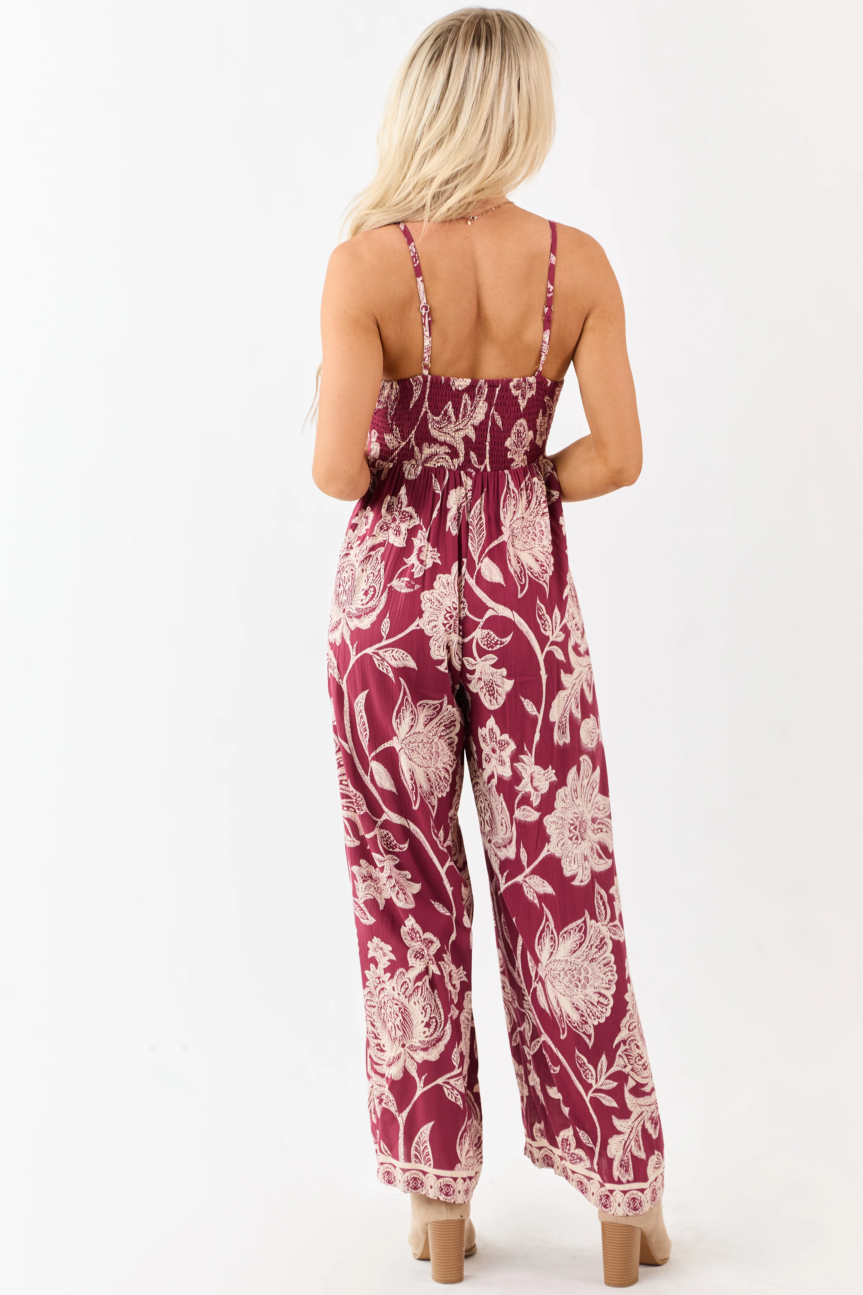 Maroon Floral Print Tie Bust Wide Leg Jumpsuit - Image 7