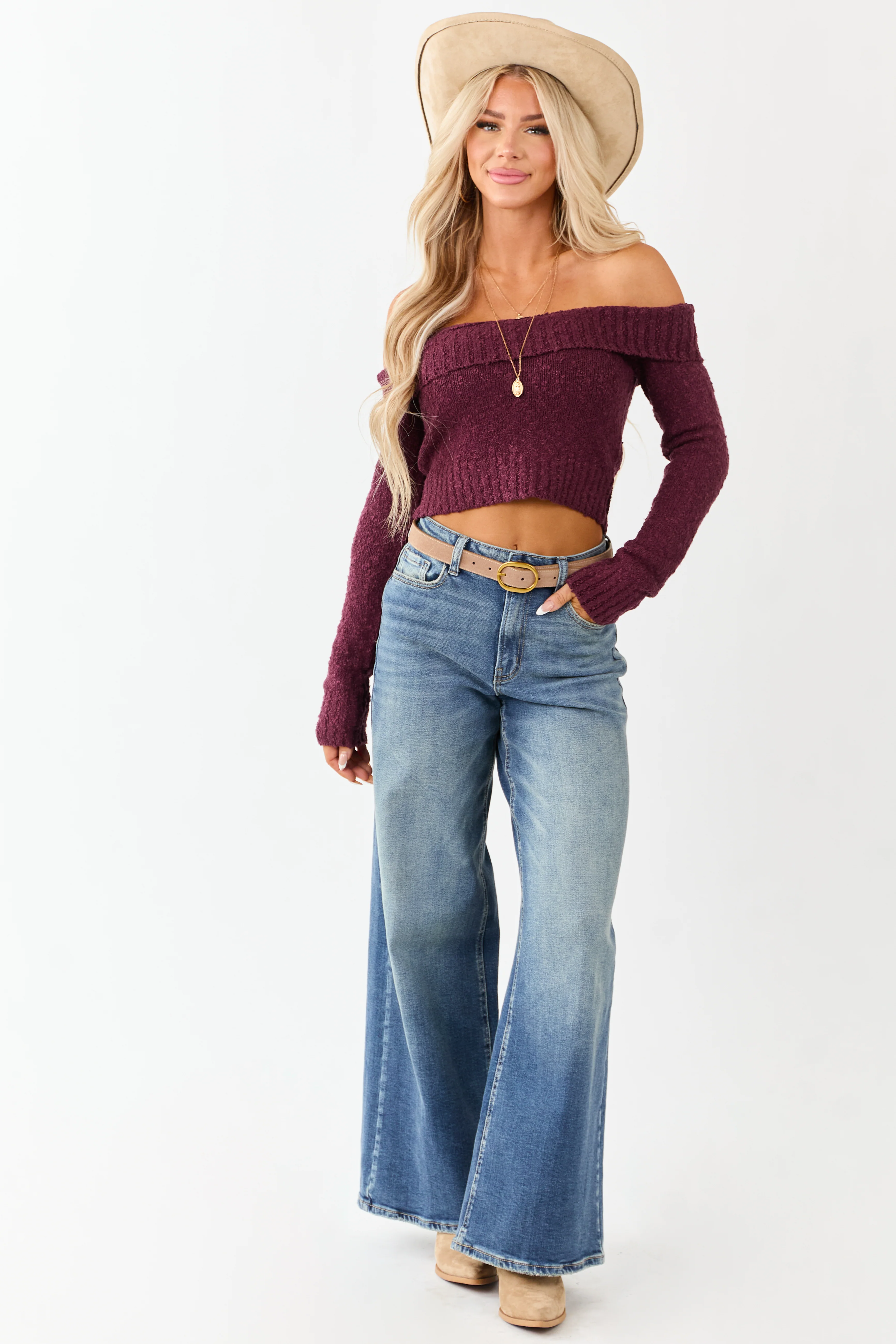 Maroon Off Shoulder Ribbed Trim Crop Sweater - Image 3