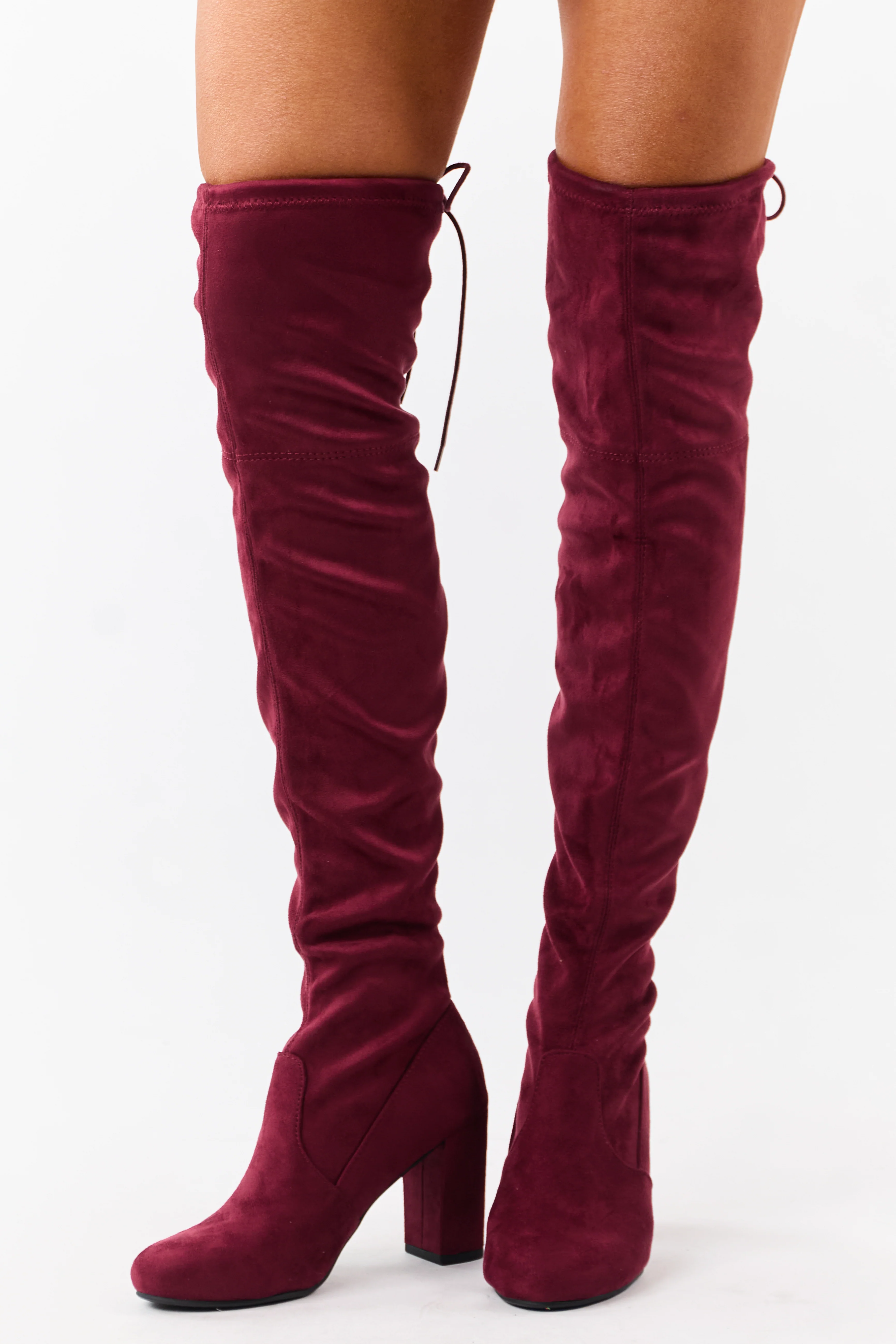 Maroon Over the Knee Microsuede Drawstring Boots - Image 2