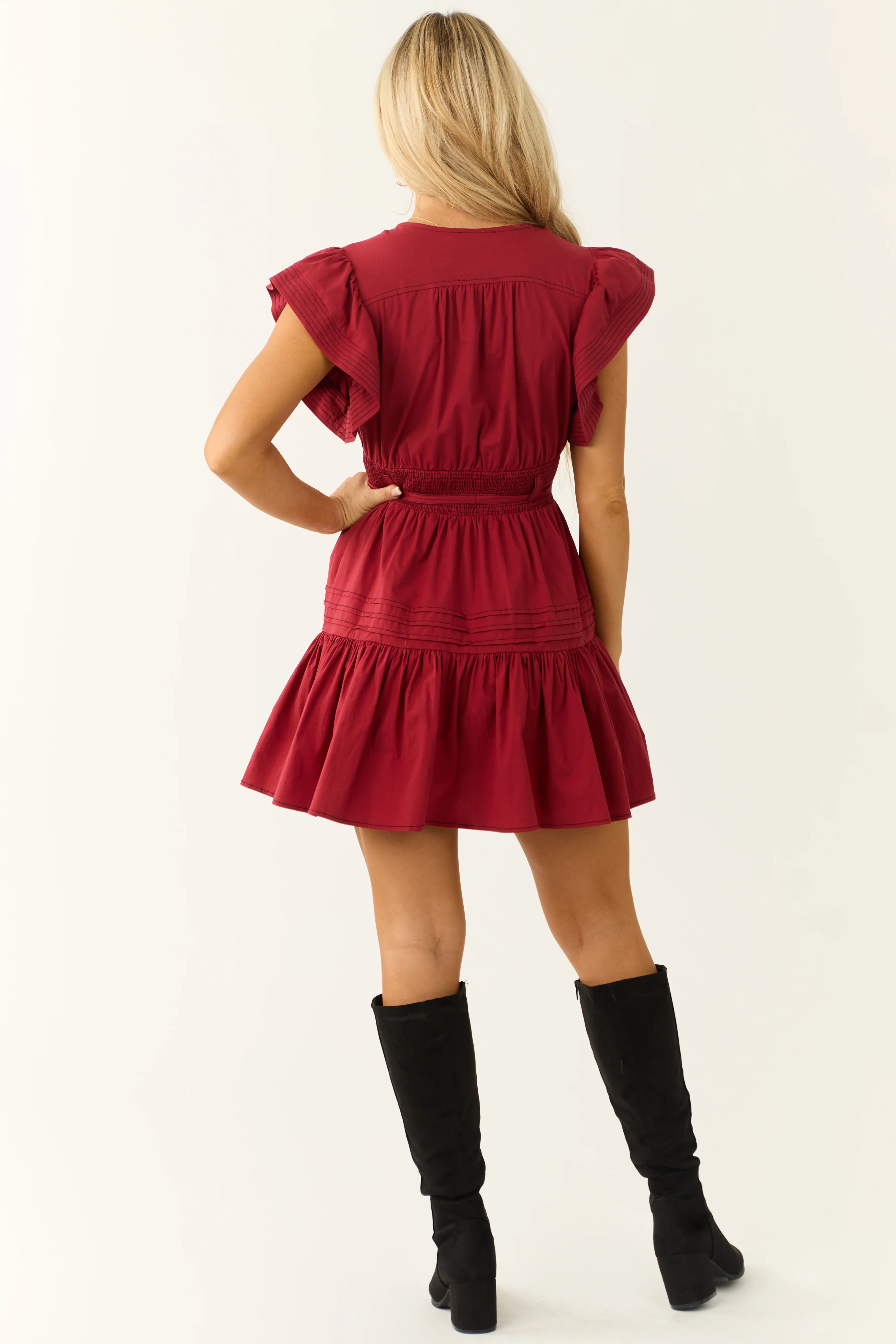 Maroon Ruffle Short Sleeve V Neck Mini Dress - Image 5