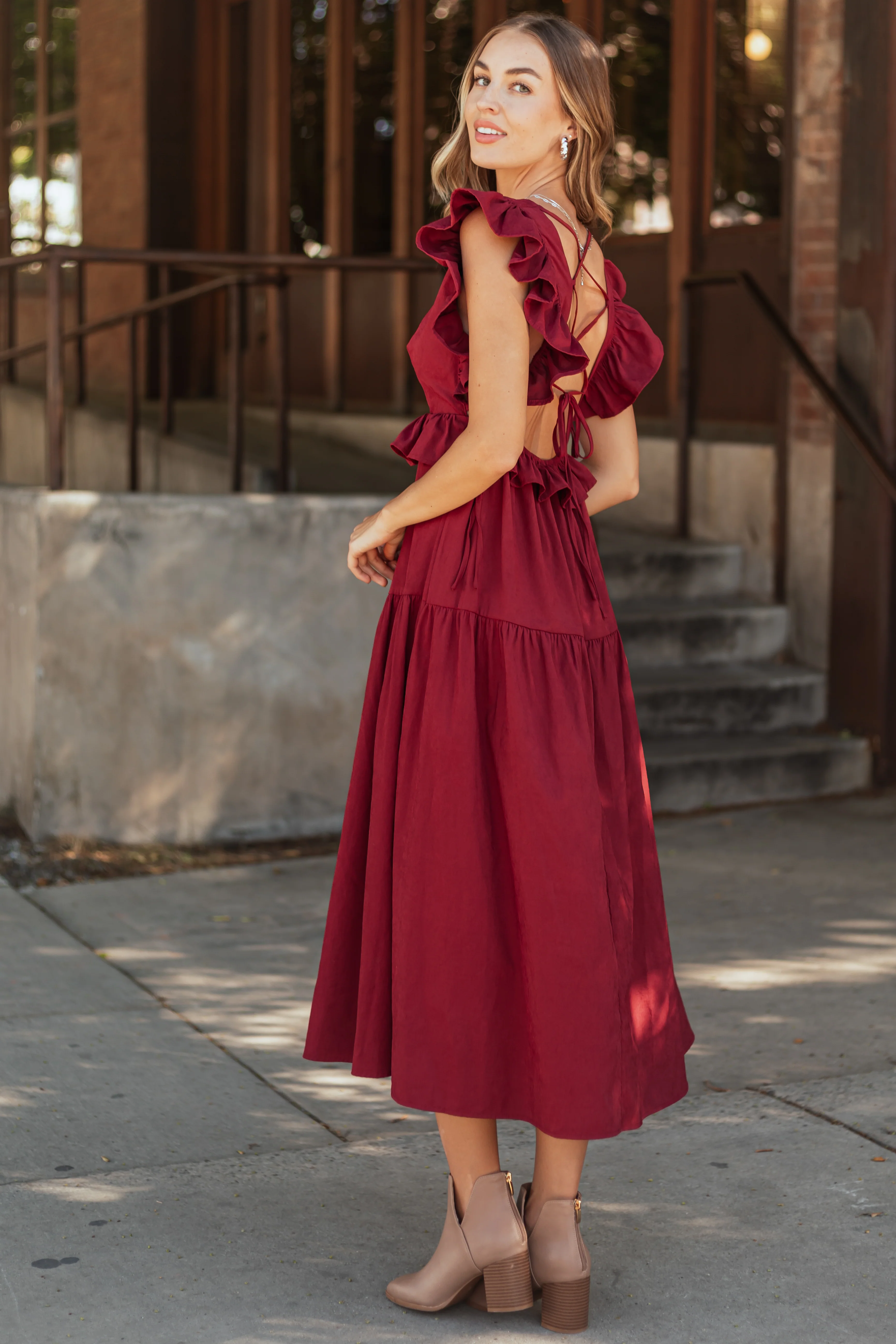 Maroon Ruffle Sleeve Midi Dress with Back Tie - Image 2