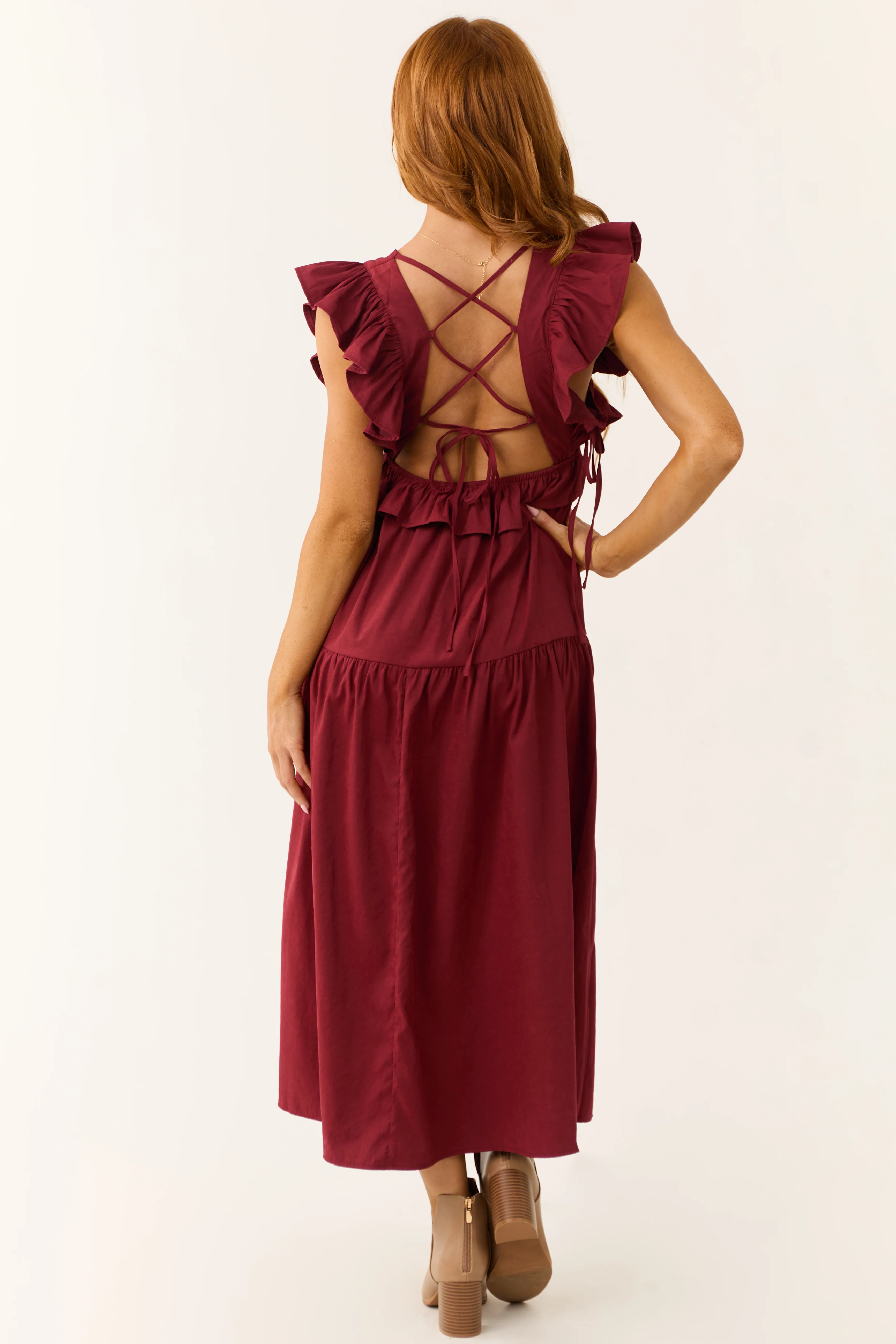 Maroon Ruffle Sleeve Midi Dress with Back Tie - Image 6