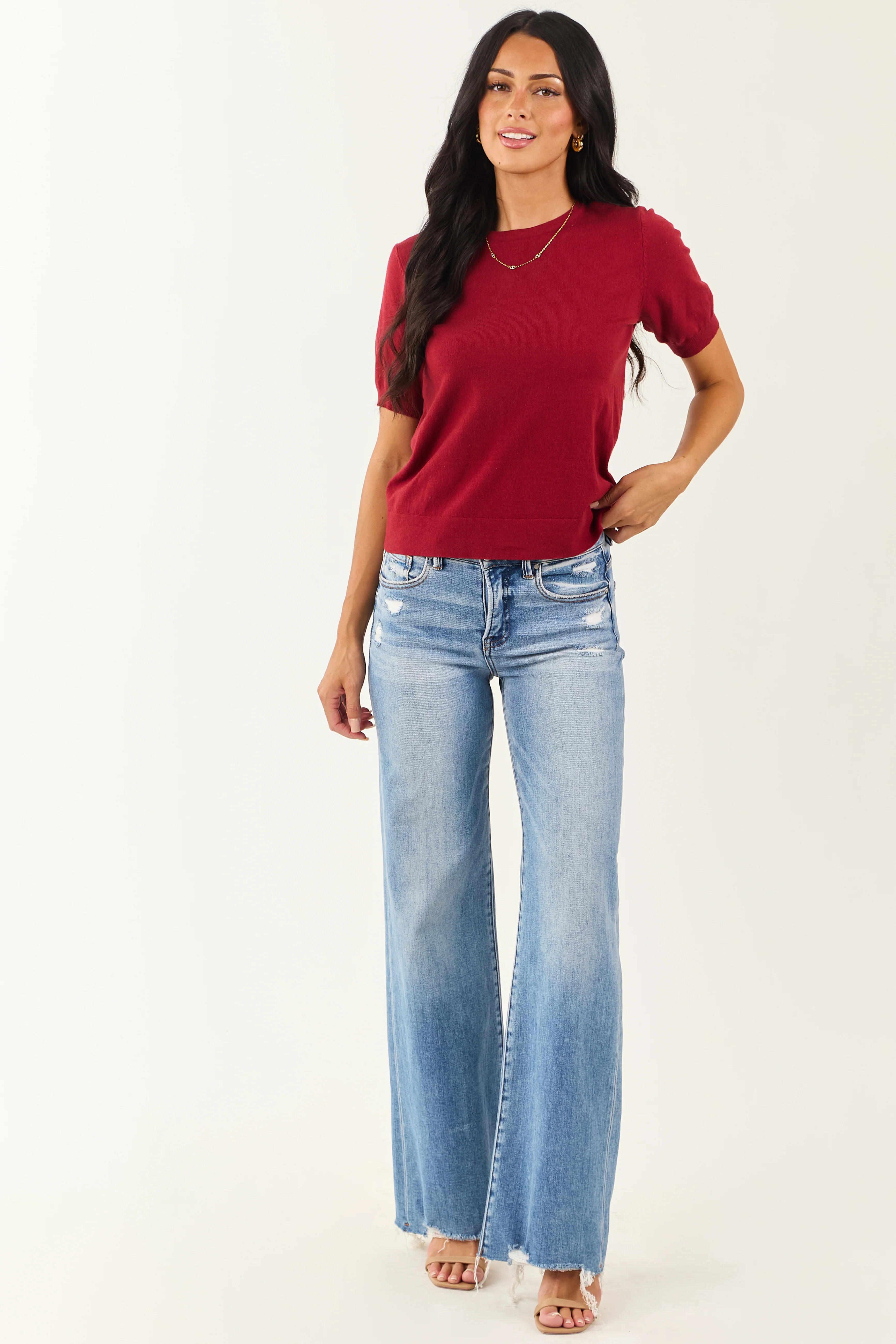 Maroon Short Puff Sleeve Soft Knit Top - Image 3