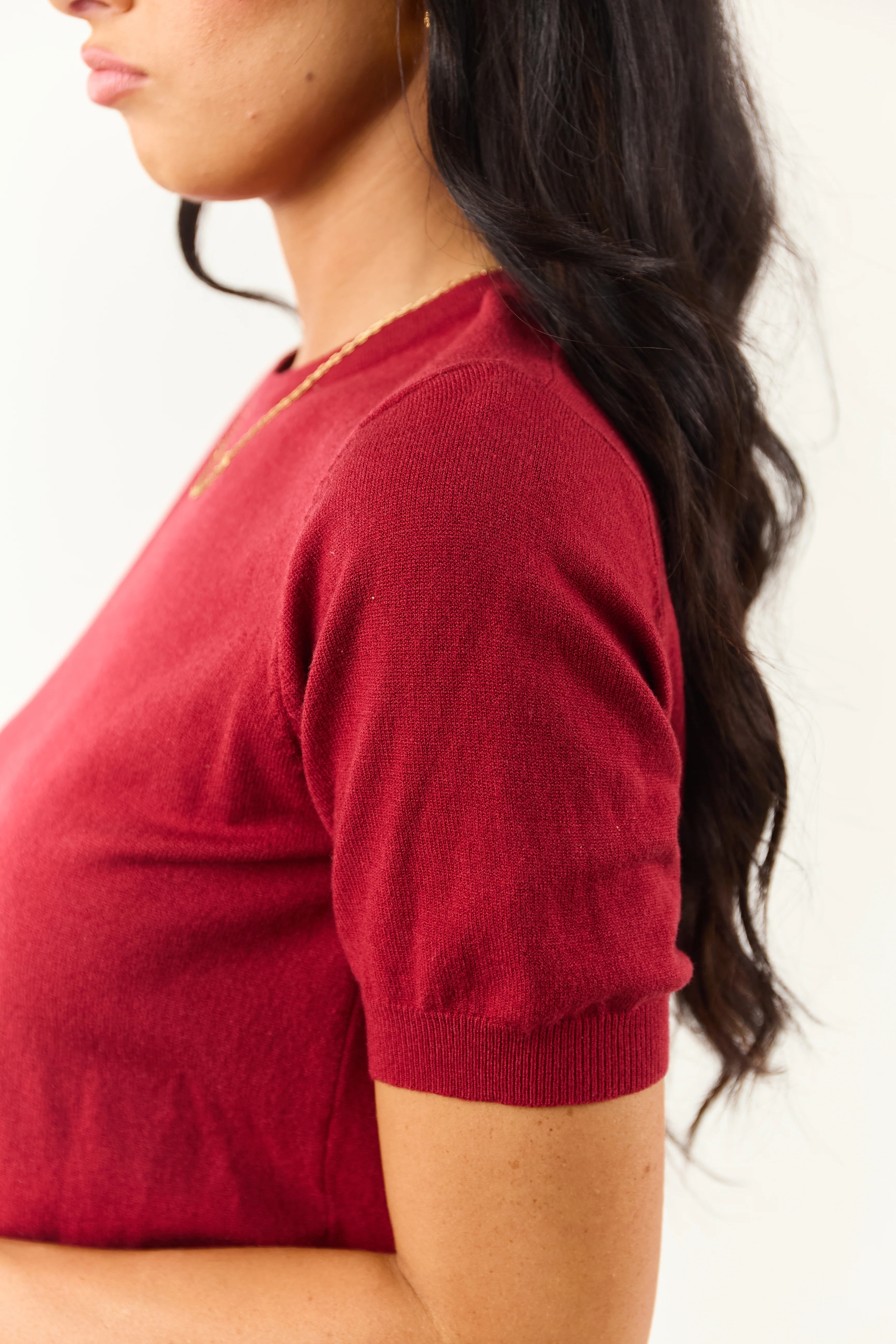 Maroon Short Puff Sleeve Soft Knit Top - Image 7