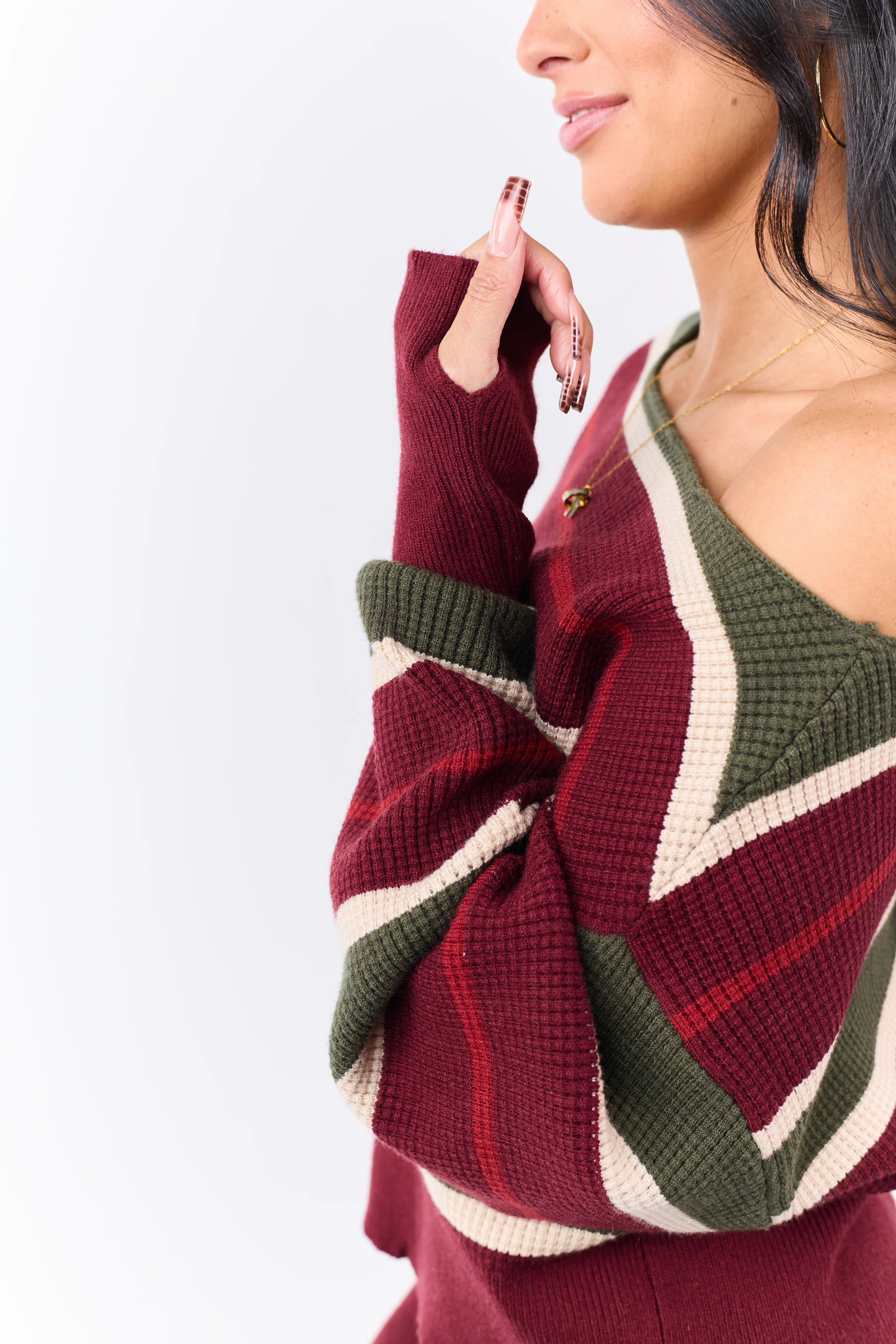 Maroon Striped Waffle Knit One Shoulder Sweater - Image 9