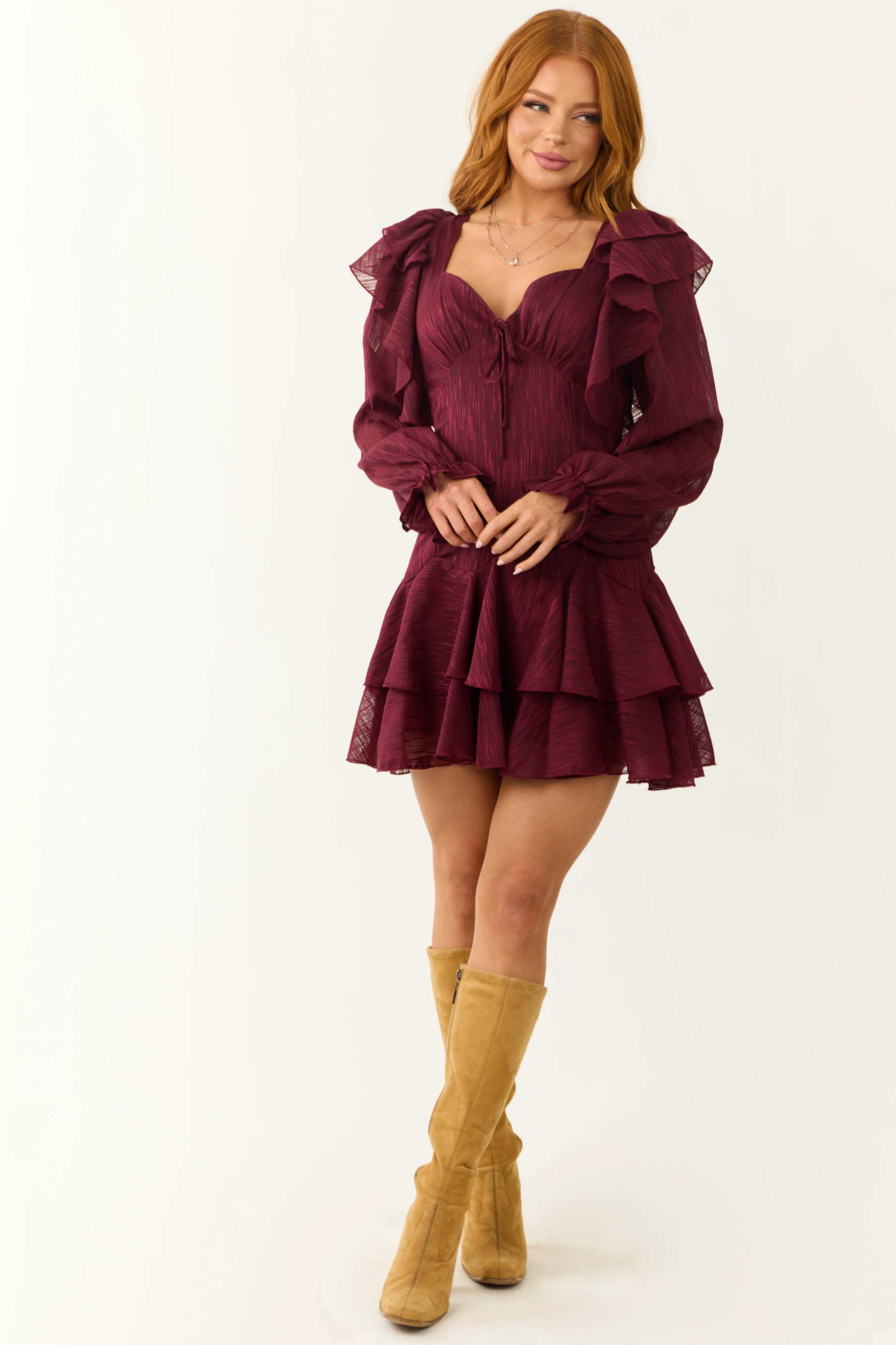 Maroon Sweetheart Neck Long Sleeve Short Dress - Image 3