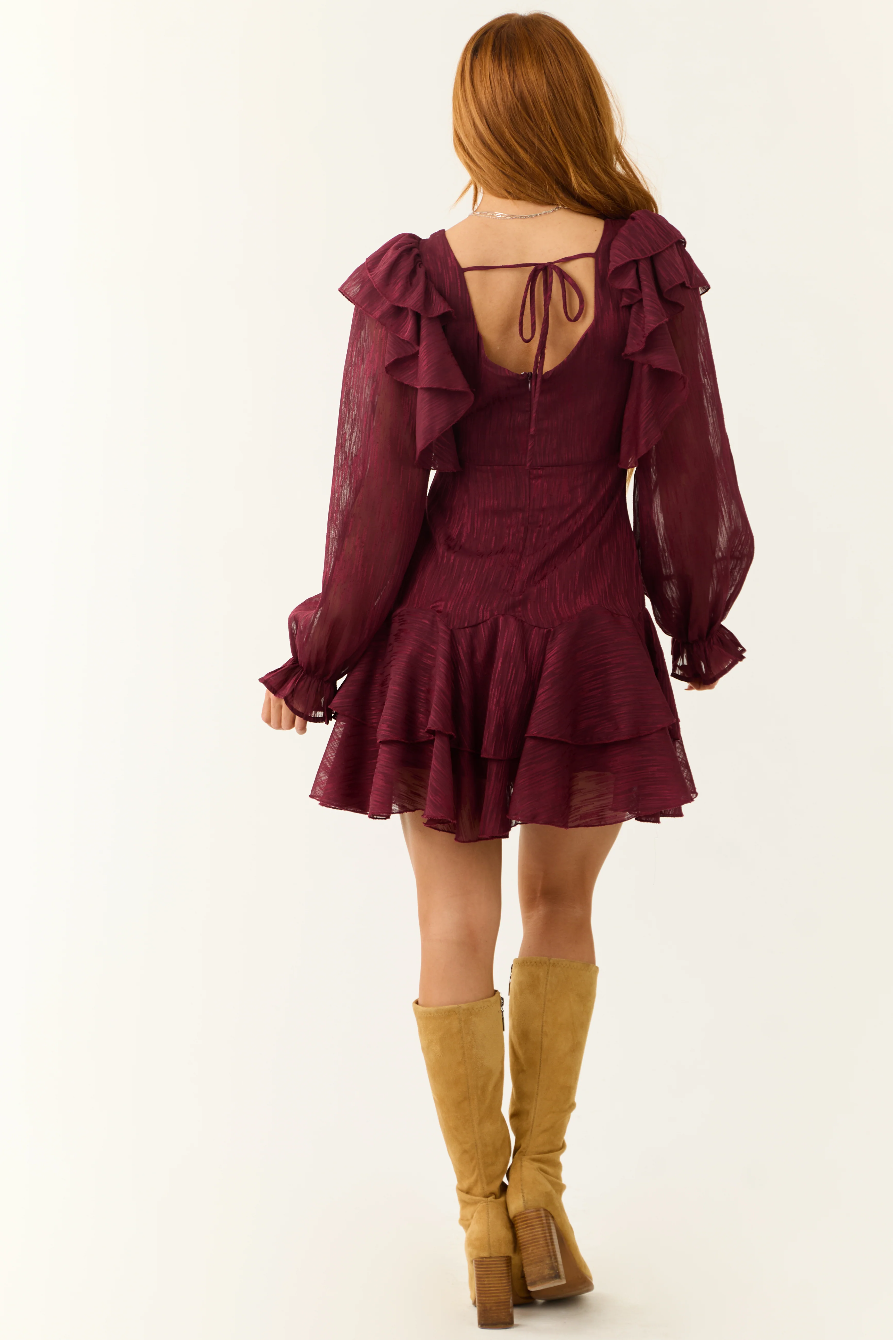Maroon Sweetheart Neck Long Sleeve Short Dress - Image 6