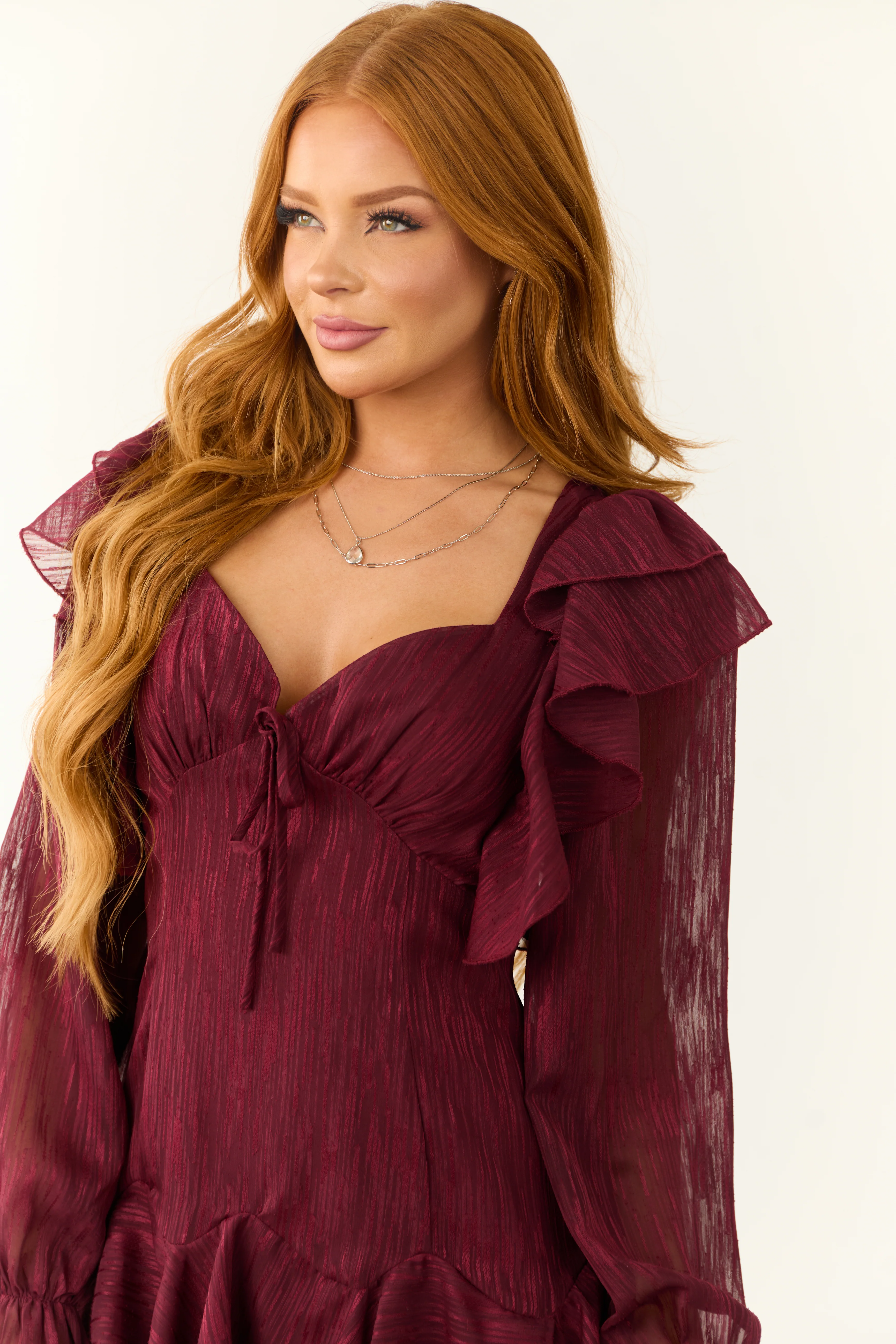 Maroon Sweetheart Neck Long Sleeve Short Dress - Image 7