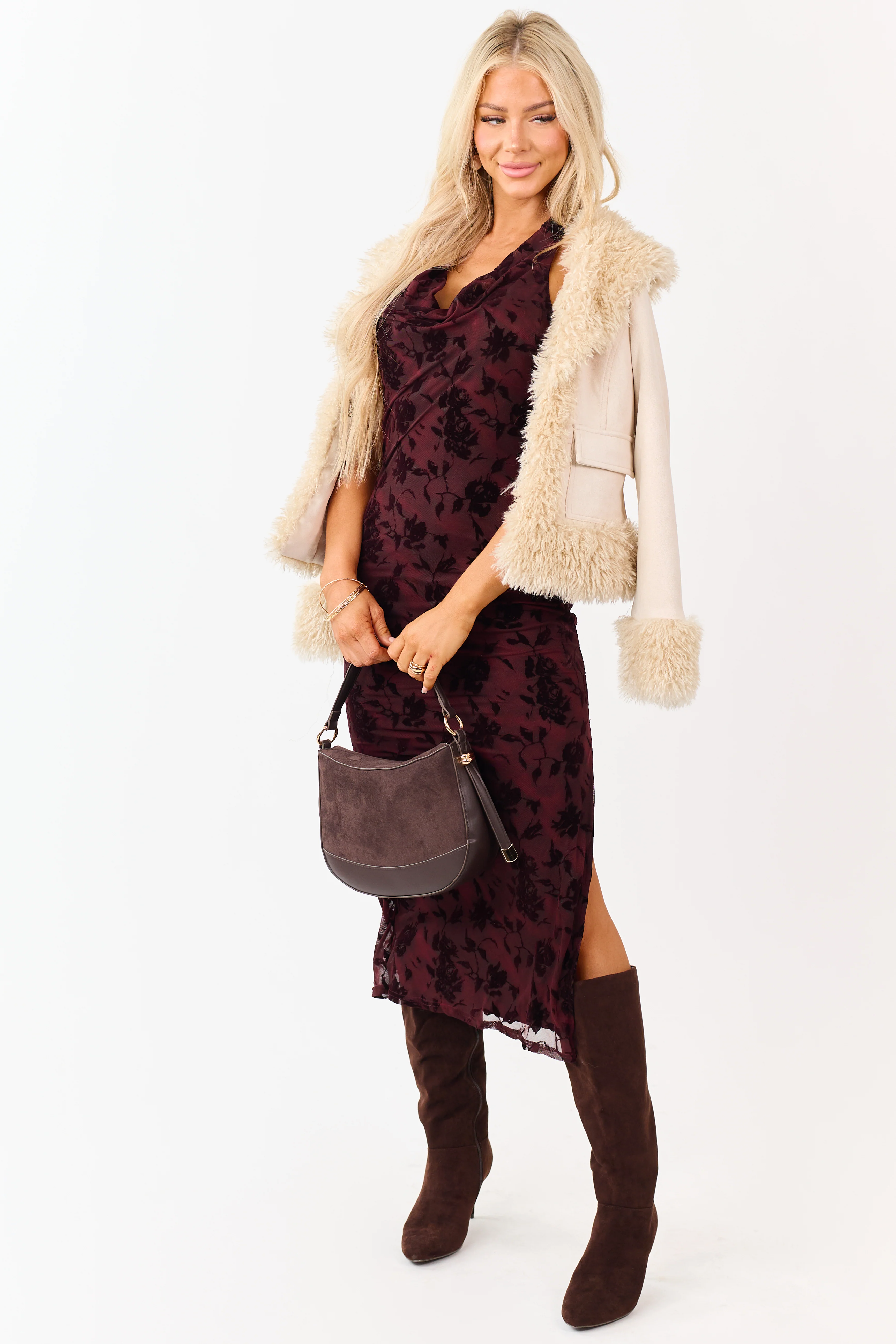 Maroon Velvet Burnout Halter Cowl Neck Midi Dress - Image 3