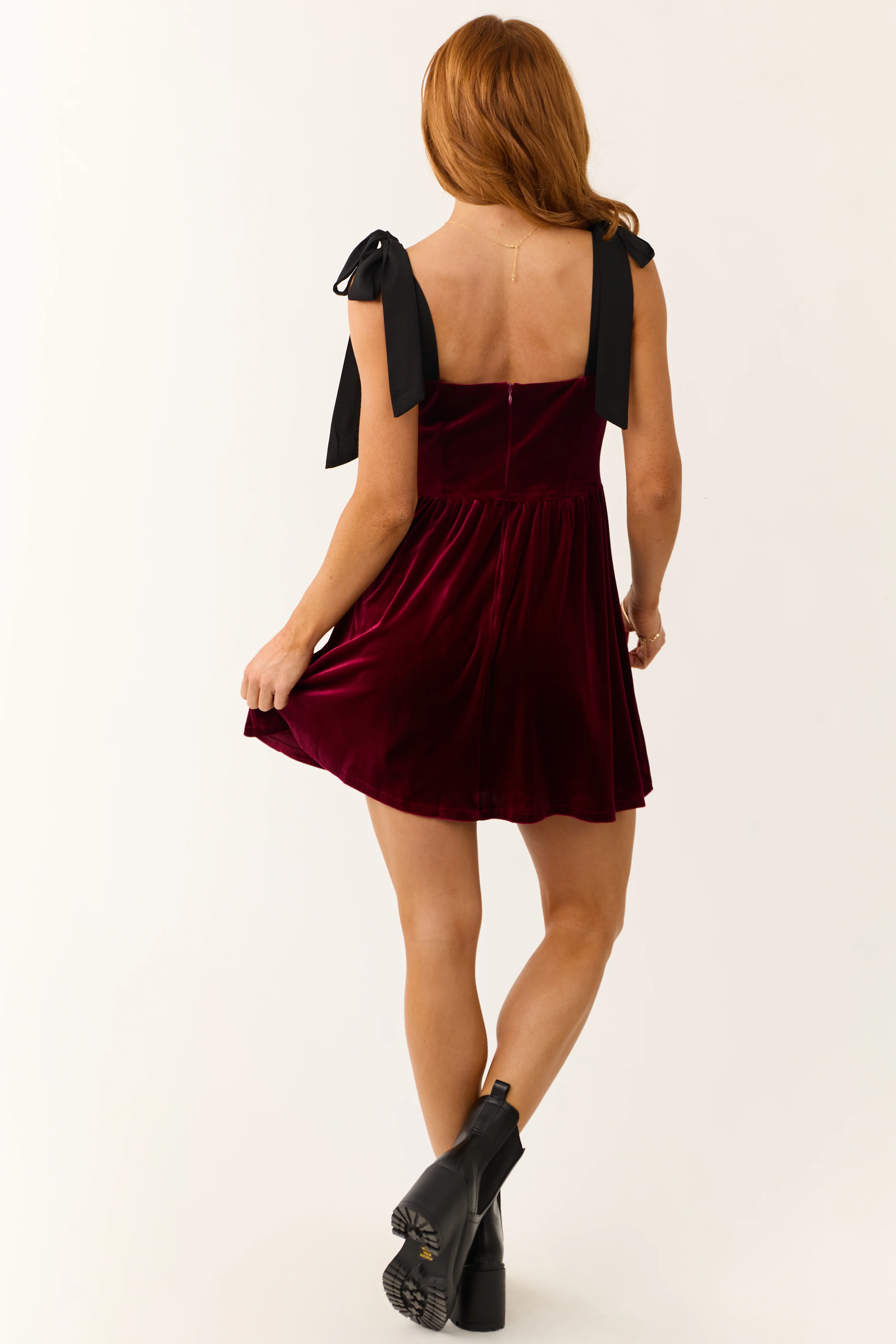 Maroon Velvet Contrast Strap Short Dress - Image 6