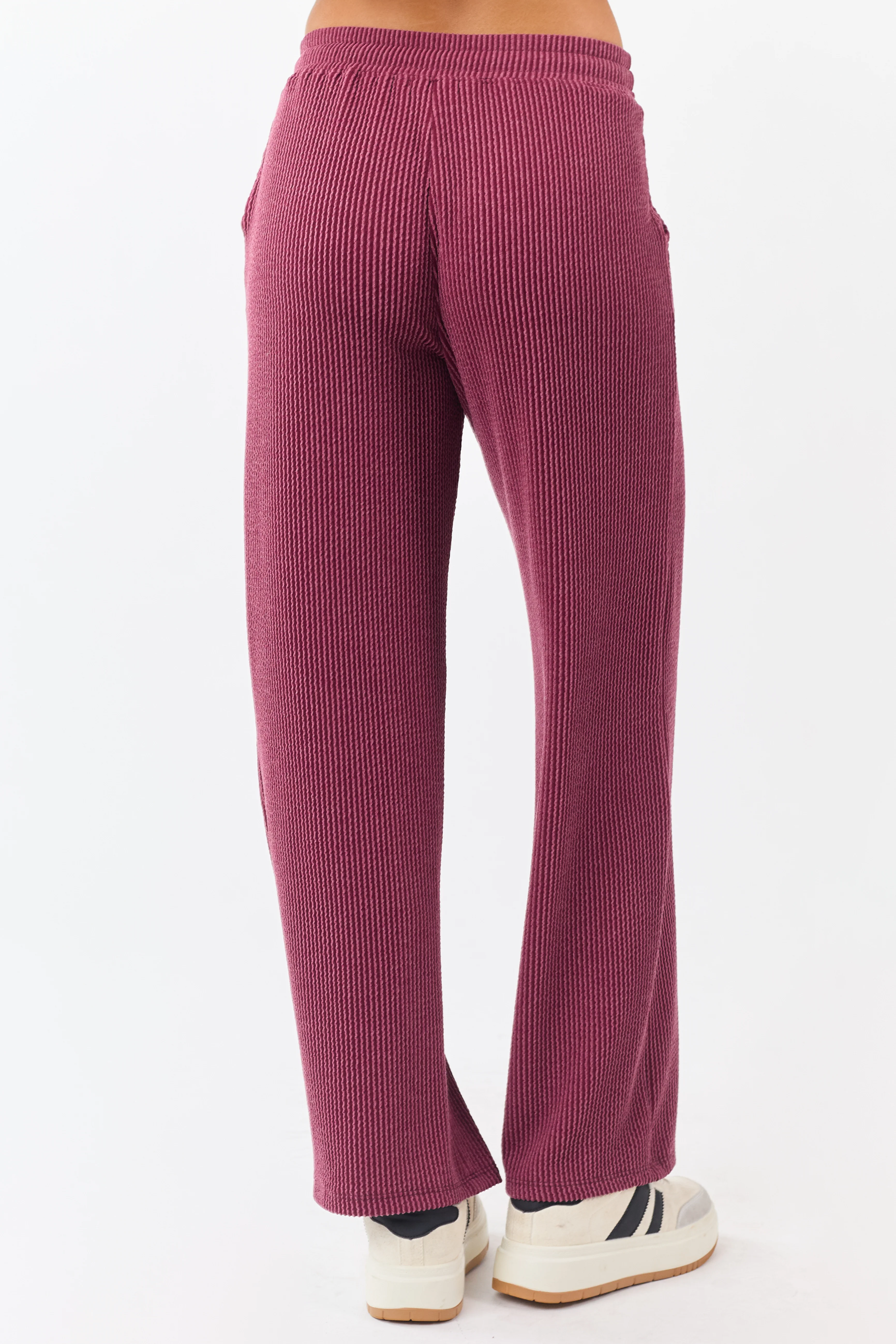 Maroon Wavy Ribbed Elastic Waist Drawstring Pants - Image 4