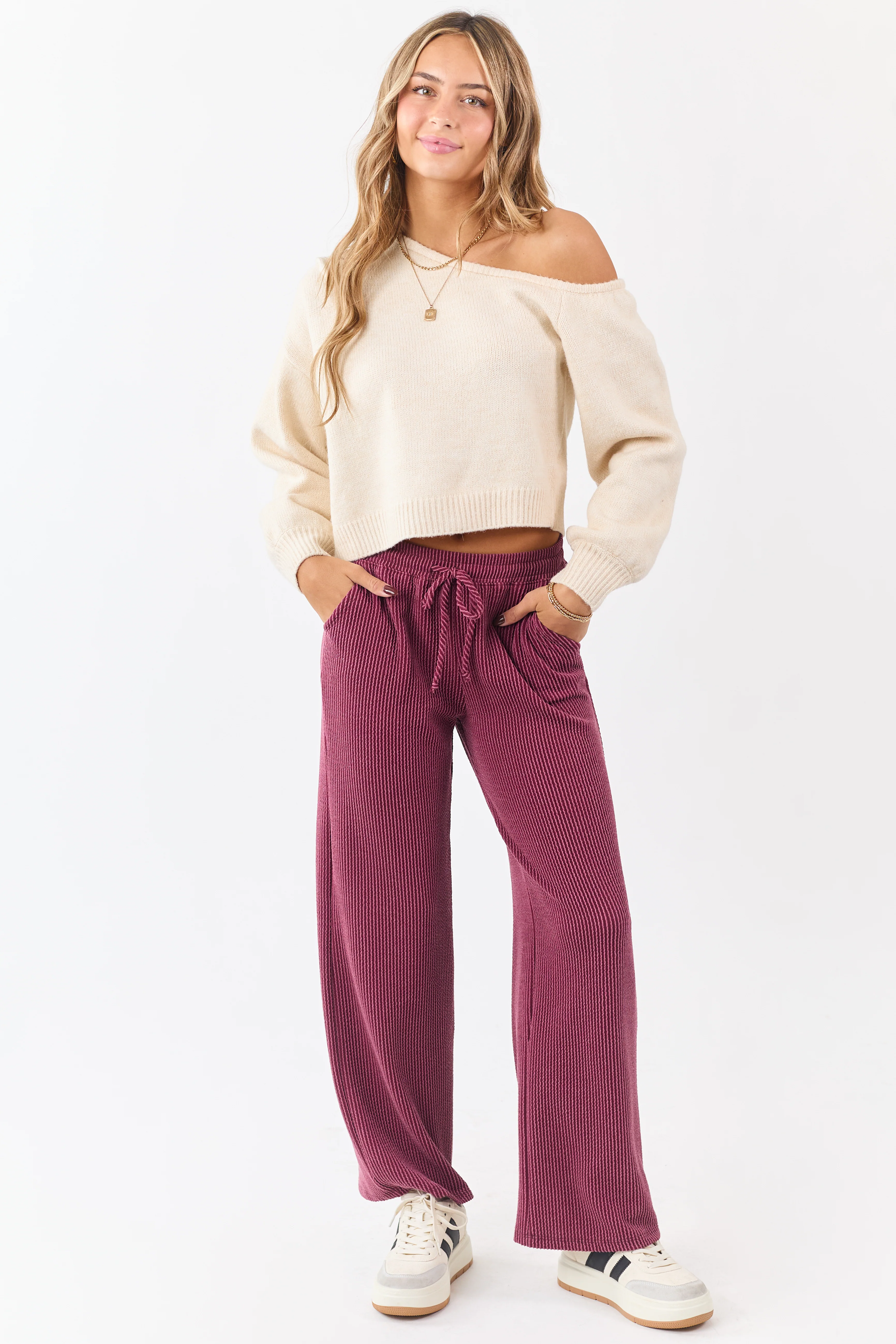 Maroon Wavy Ribbed Elastic Waist Drawstring Pants - Image 5